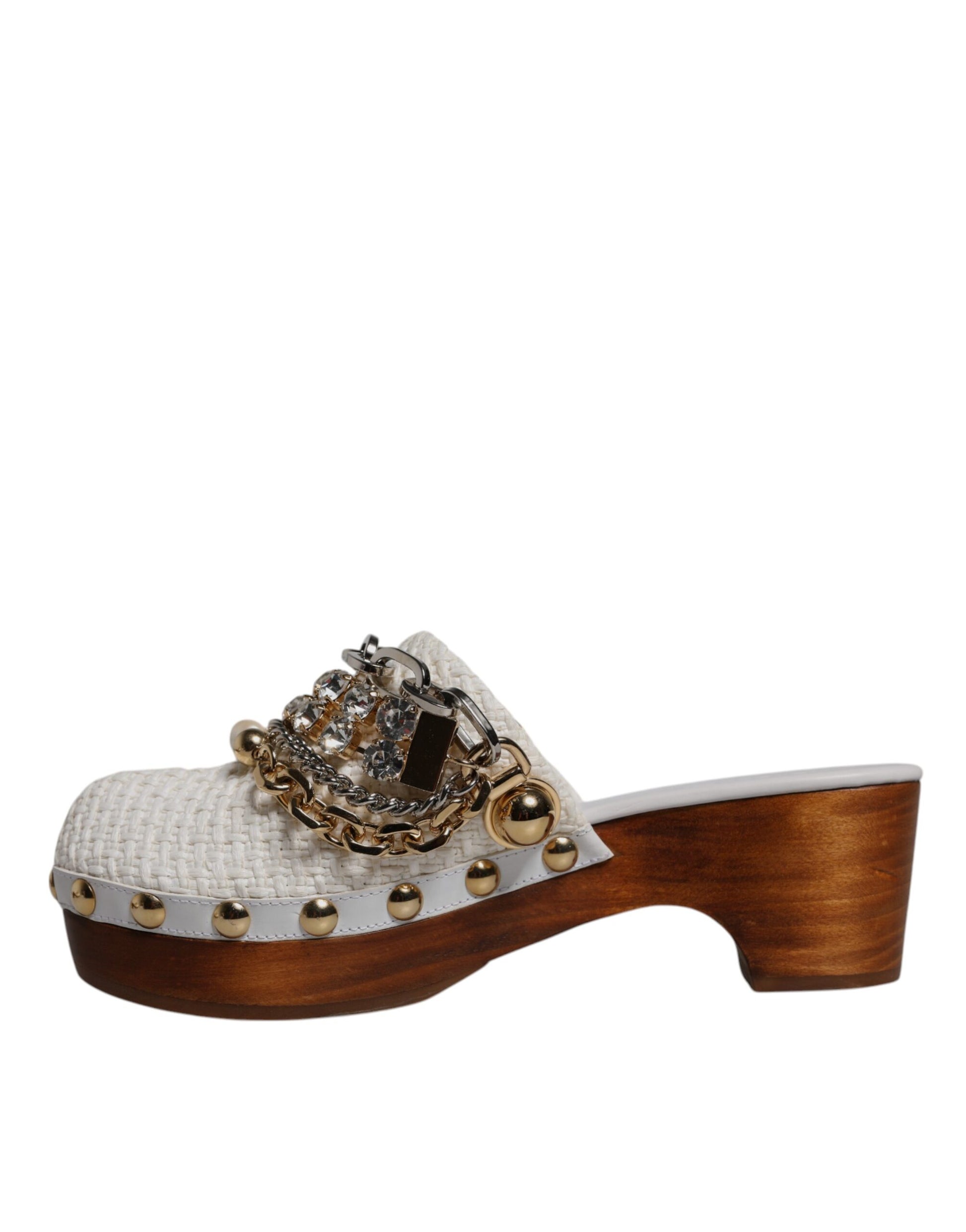 Dolce & Gabbana White Raffia Clogs Bejeweled Chain Sandals Shoes Curated Luxury Accessories by Orvyn