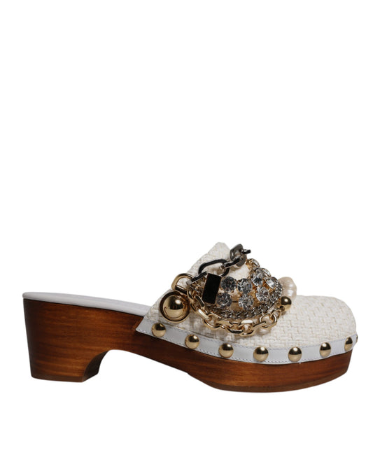 Dolce & Gabbana White Raffia Clogs Bejeweled Chain Sandals Shoes Curated Luxury Accessories by Orvyn
