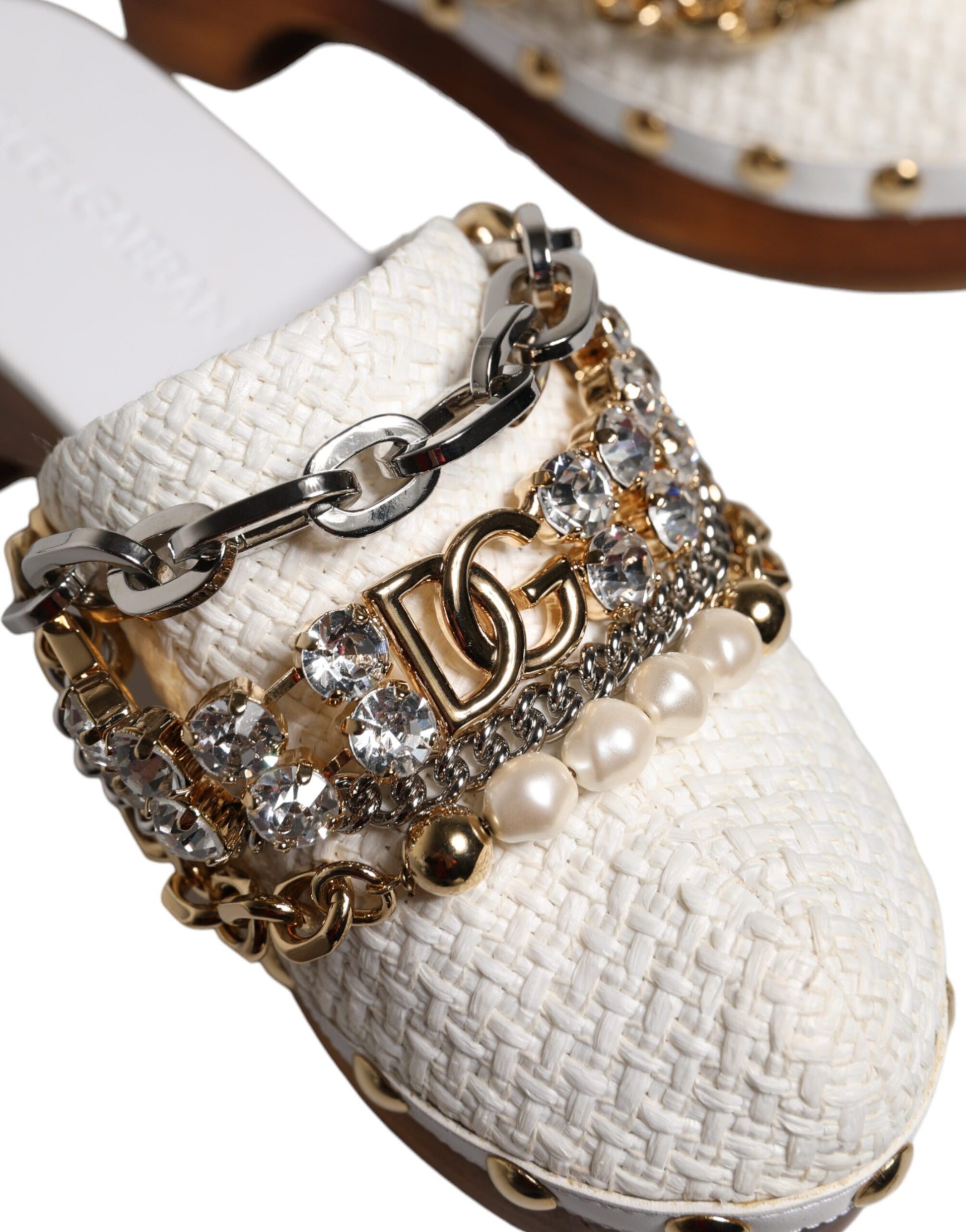 Dolce & Gabbana White Raffia Clogs Bejeweled Chain Sandals Shoes Curated Luxury Accessories by Orvyn