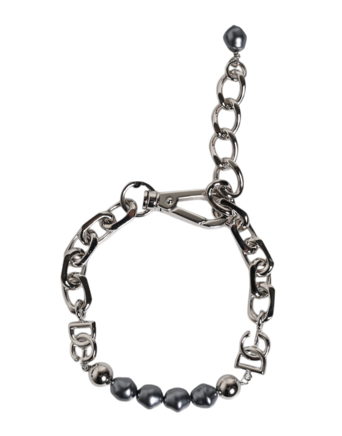 Dolce & Gabbana Silver Tone Chain Lobster Clasp Logo Gray Pearls Bracelet grau