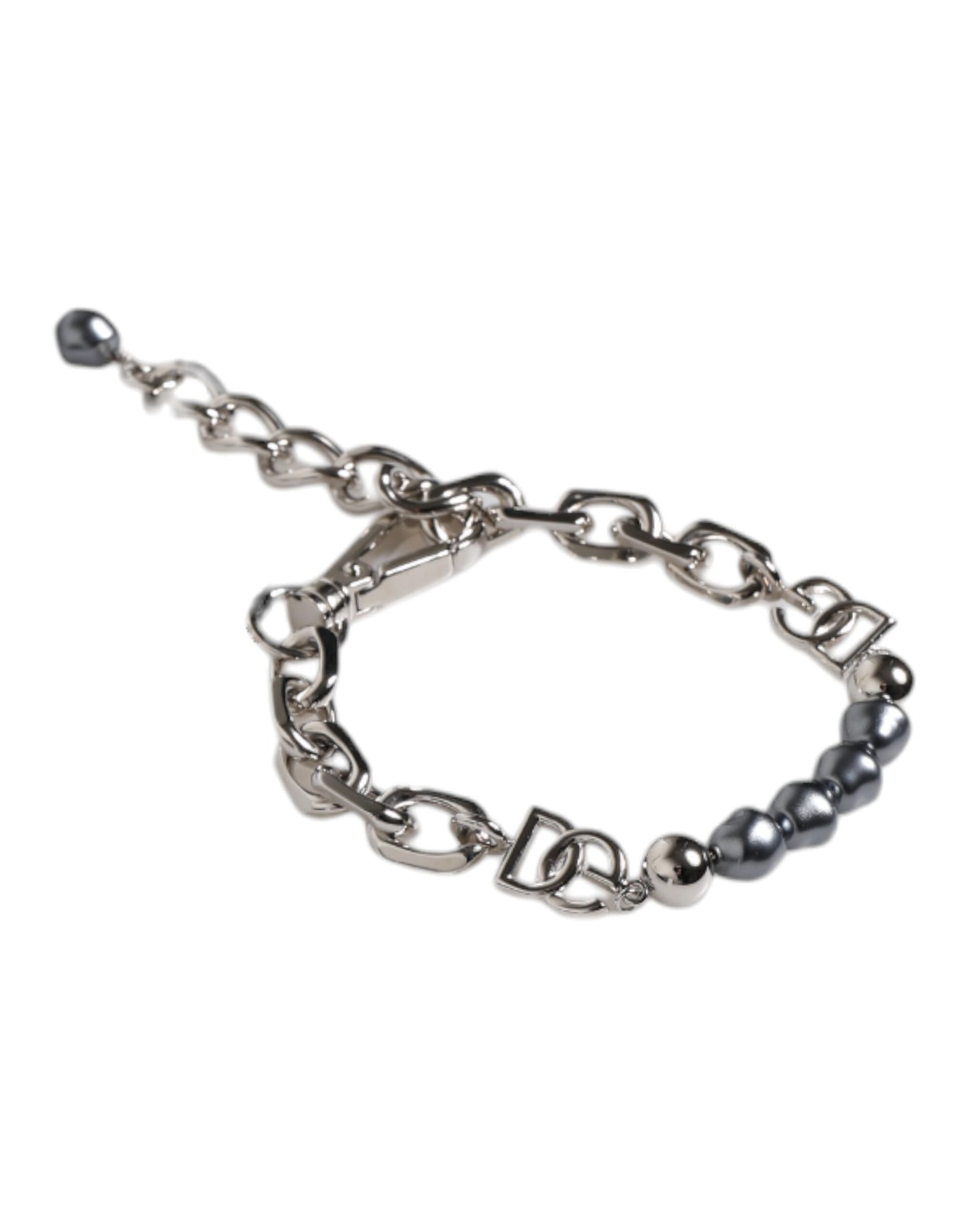 Dolce & Gabbana Silver Tone Chain Lobster Clasp Logo Gray Pearls Bracelet grau