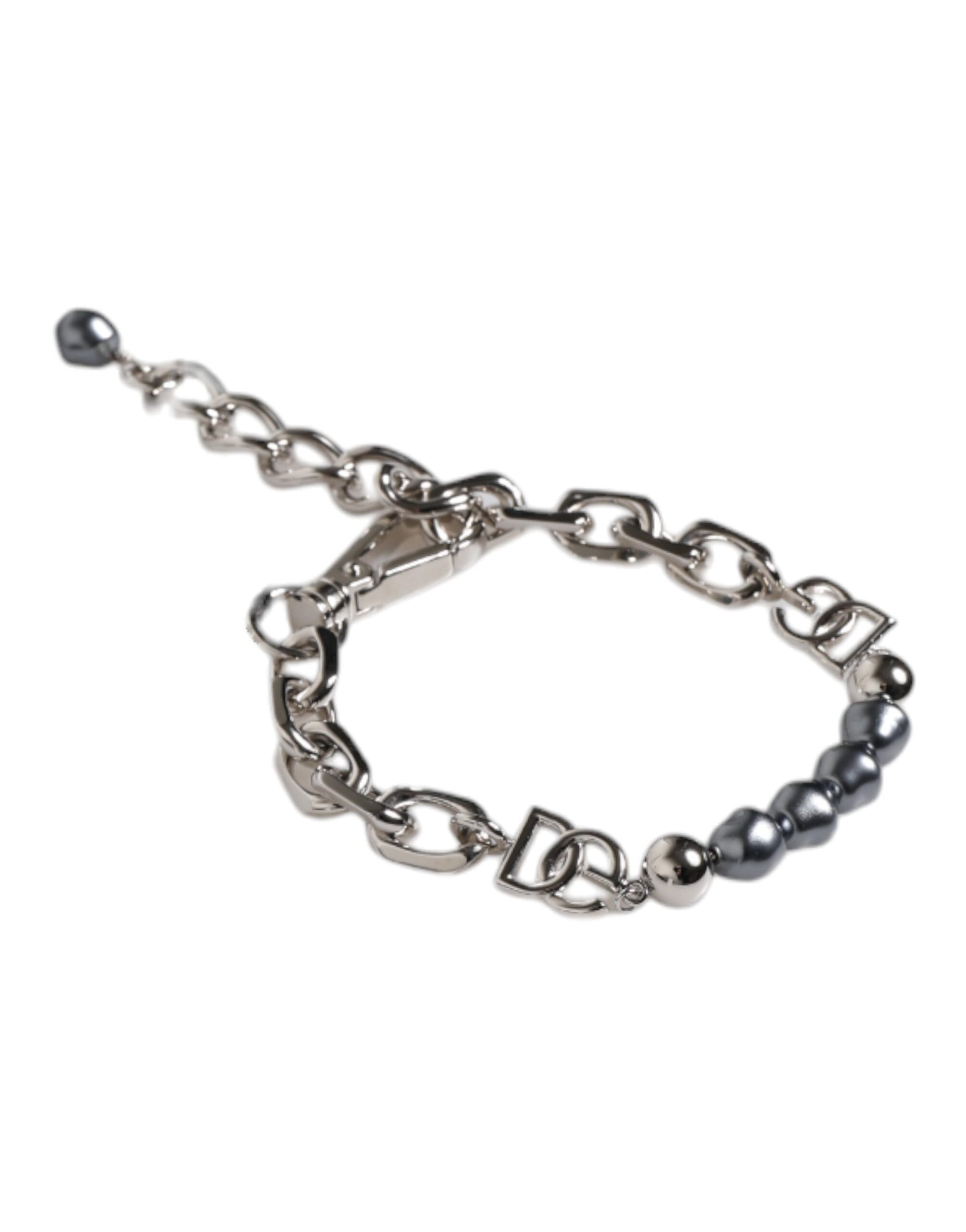 Dolce & Gabbana Silver Tone Chain Lobster Clasp Logo Gray Pearls Bracelet grau