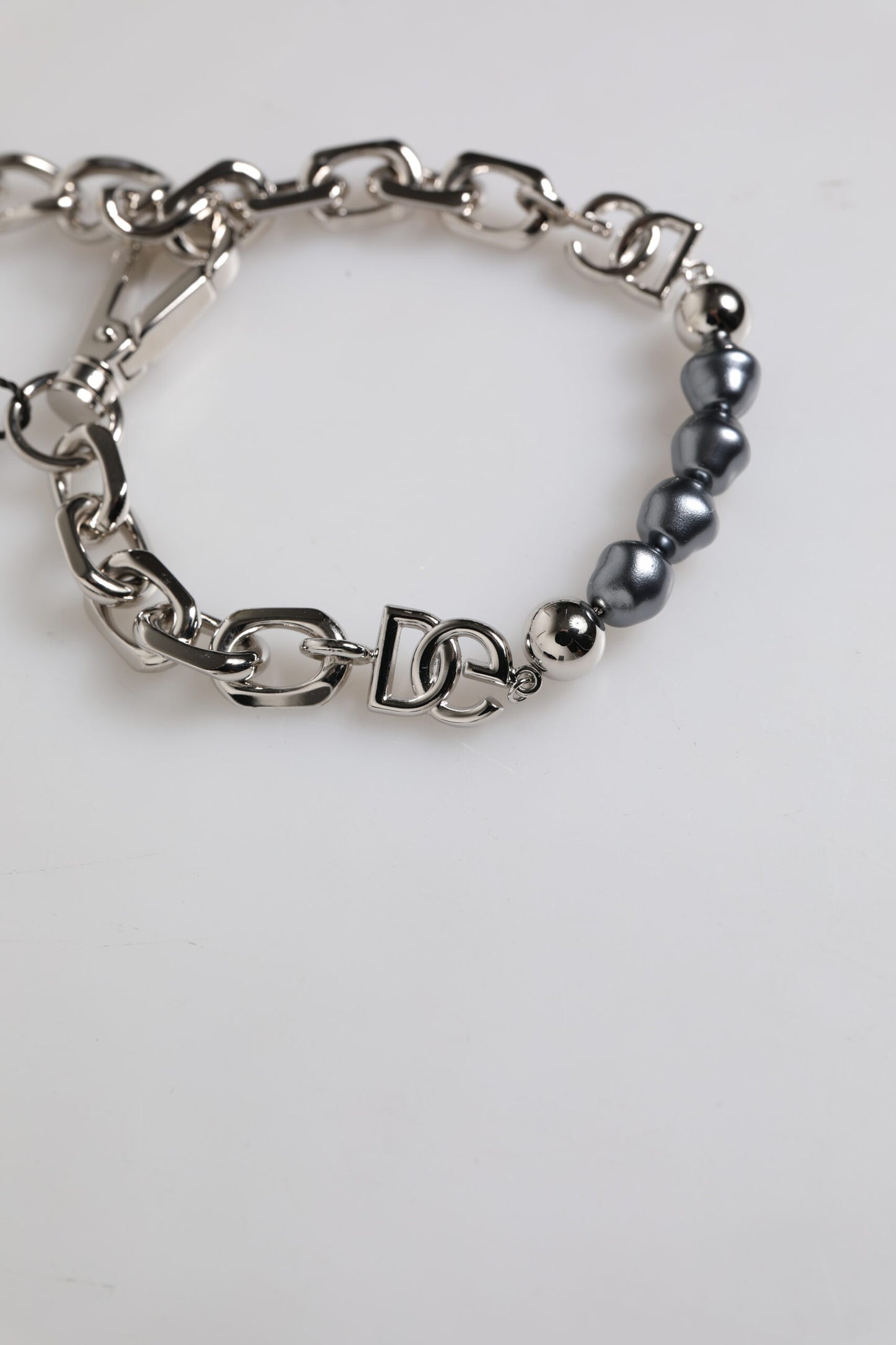 Dolce & Gabbana Silver Tone Chain Lobster Clasp Logo Gray Pearls Bracelet grau
