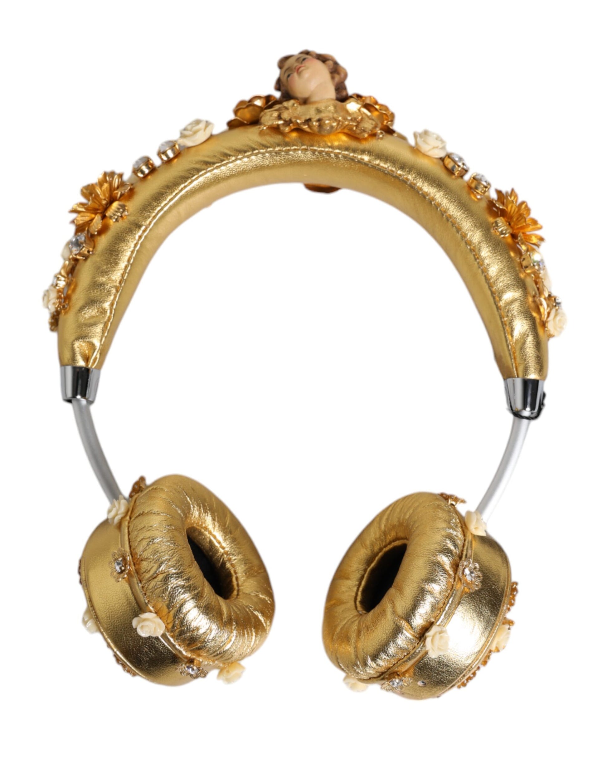 Dolce & Gabbana Gold Leather Floral Crystal Angel Headset Headphones Curated Luxury Accessories by Orvyn