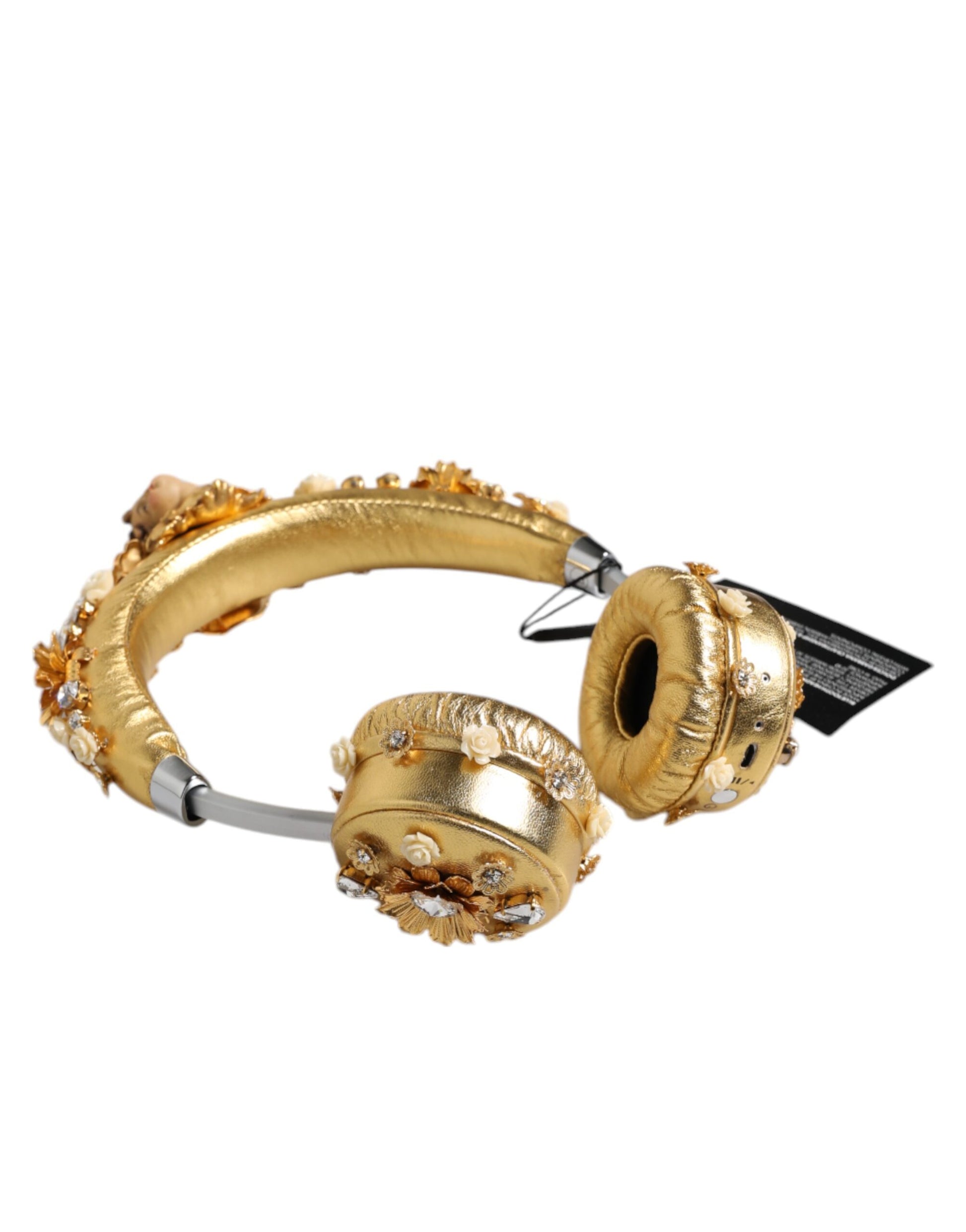 Dolce & Gabbana Gold Leather Floral Crystal Angel Headset Headphones Curated Luxury Accessories by Orvyn