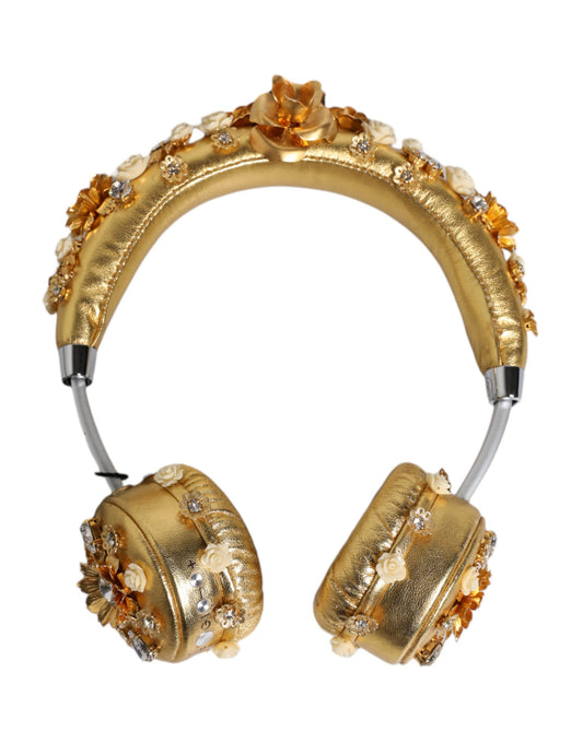 Dolce & Gabbana Gold Leather Floral Crystal Angel Headset Headphones Curated Luxury Accessories by Orvyn