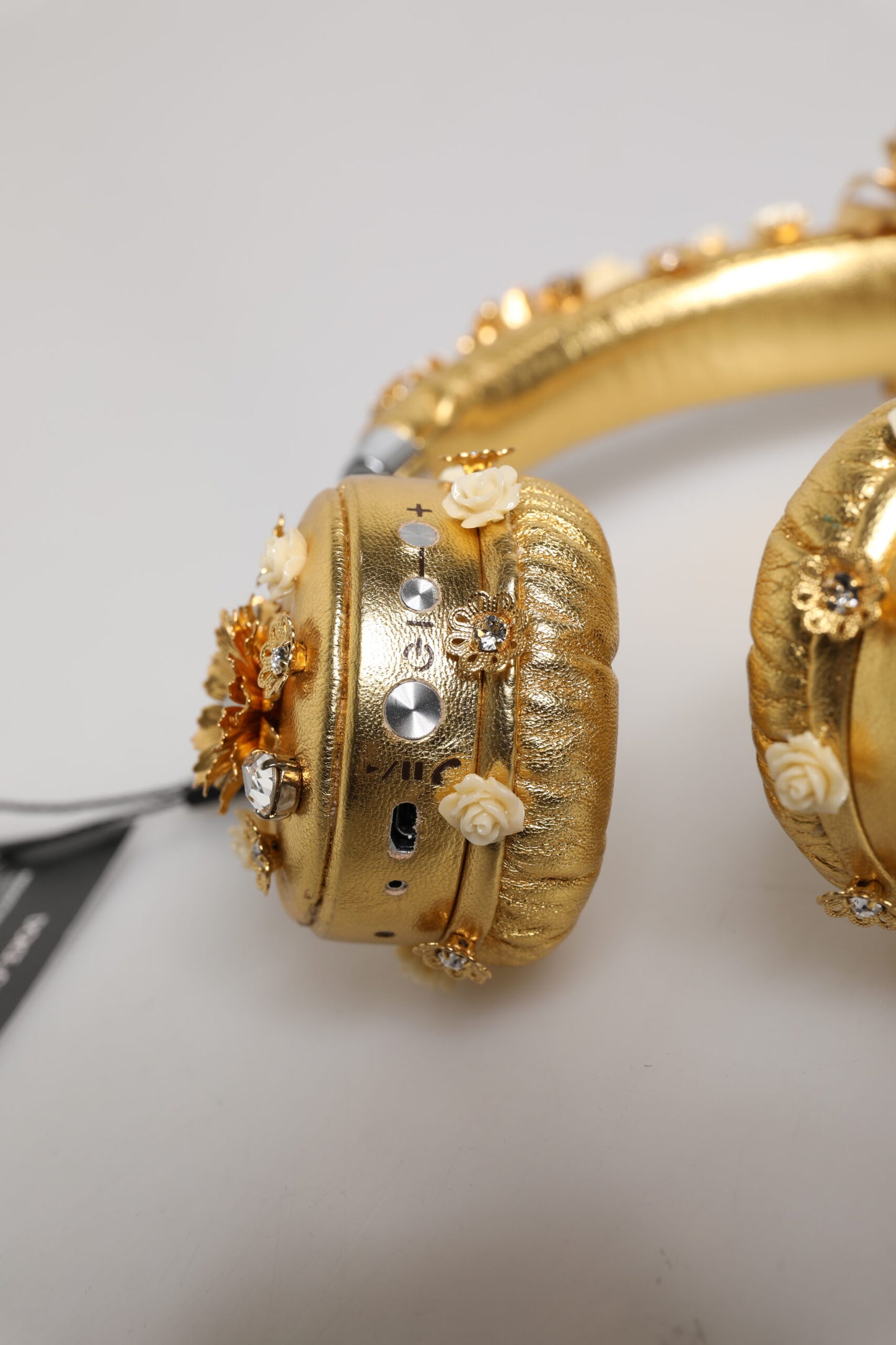 Dolce & Gabbana Gold Leather Floral Crystal Angel Headset Headphones Curated Luxury Accessories by Orvyn