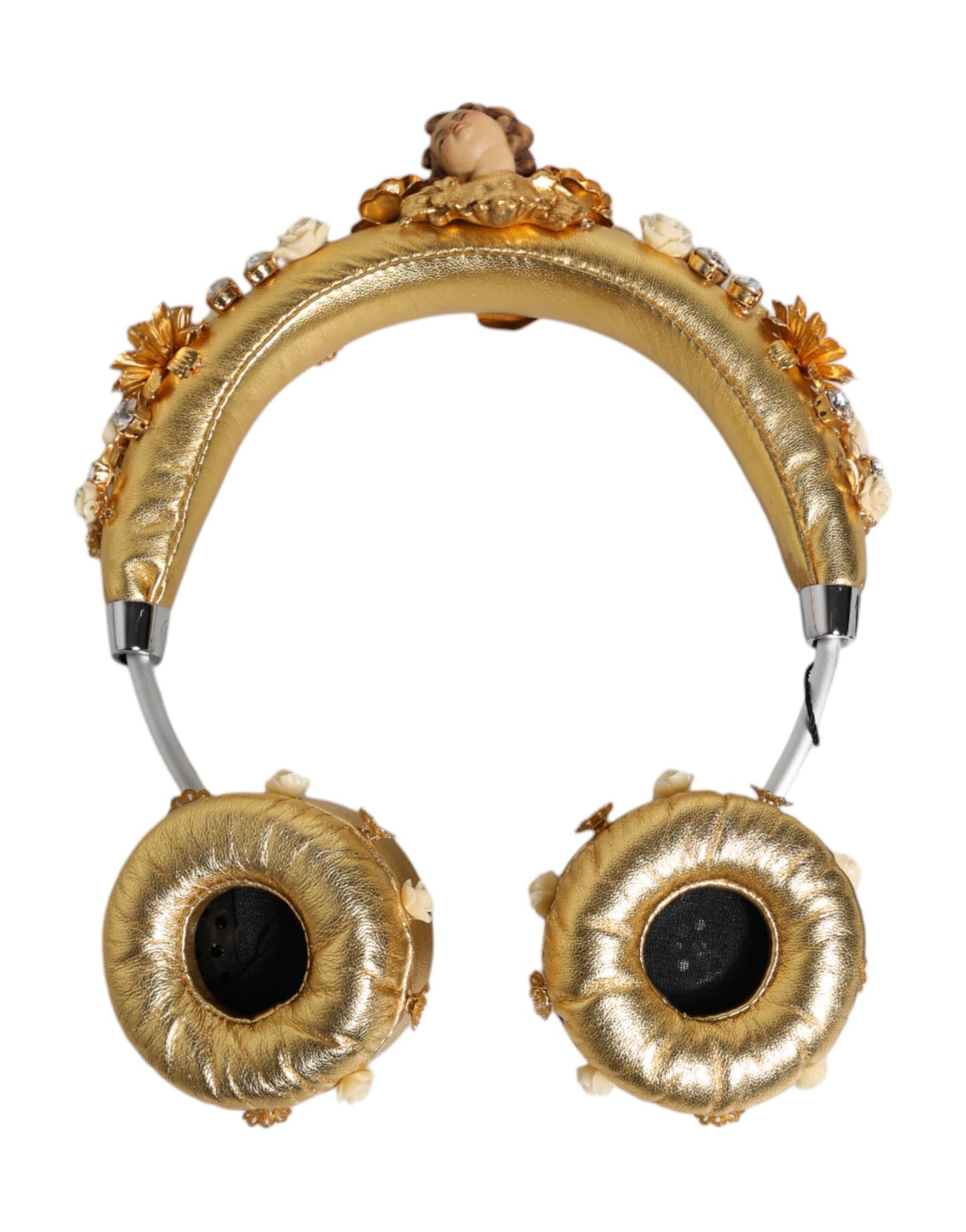 Dolce & Gabbana Gold Leather Floral Crystal Angel Headset Headphones Curated Luxury Accessories by Orvyn