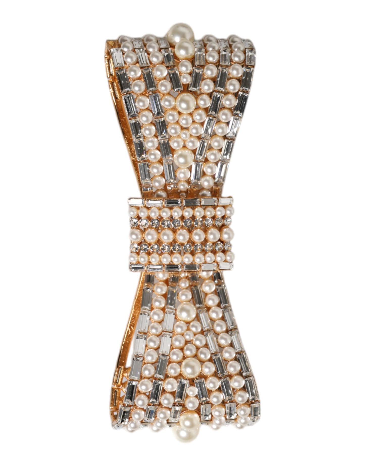 Dolce & Gabbana Gold Tone Brass Bow Crystal FauxPearl Embellished Brooch Curated Luxury Accessories by Orvyn