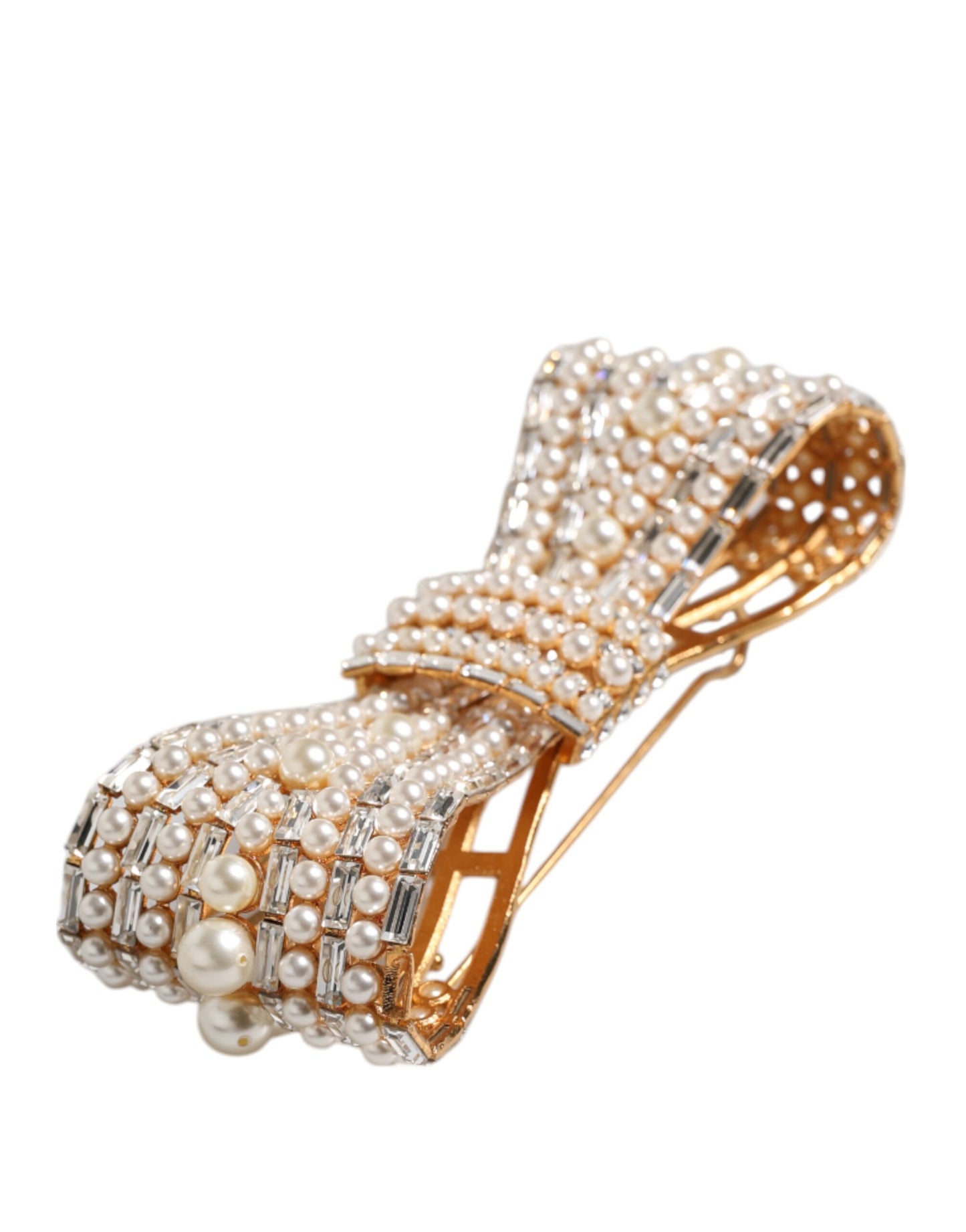 Dolce & Gabbana Gold Tone Brass Bow Crystal FauxPearl Embellished Brooch Curated Luxury Accessories by Orvyn