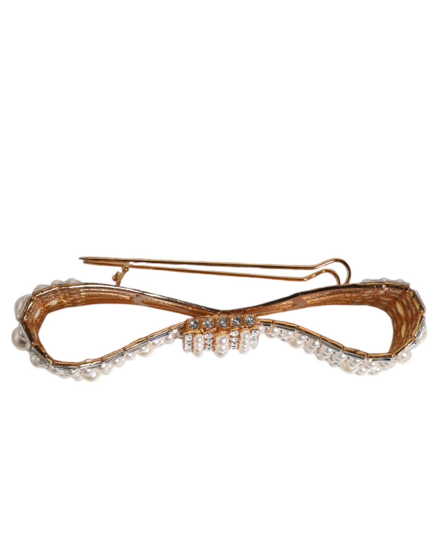 Dolce & Gabbana Gold Tone Brass Bow Crystal FauxPearl Embellished Brooch Curated Luxury Accessories by Orvyn