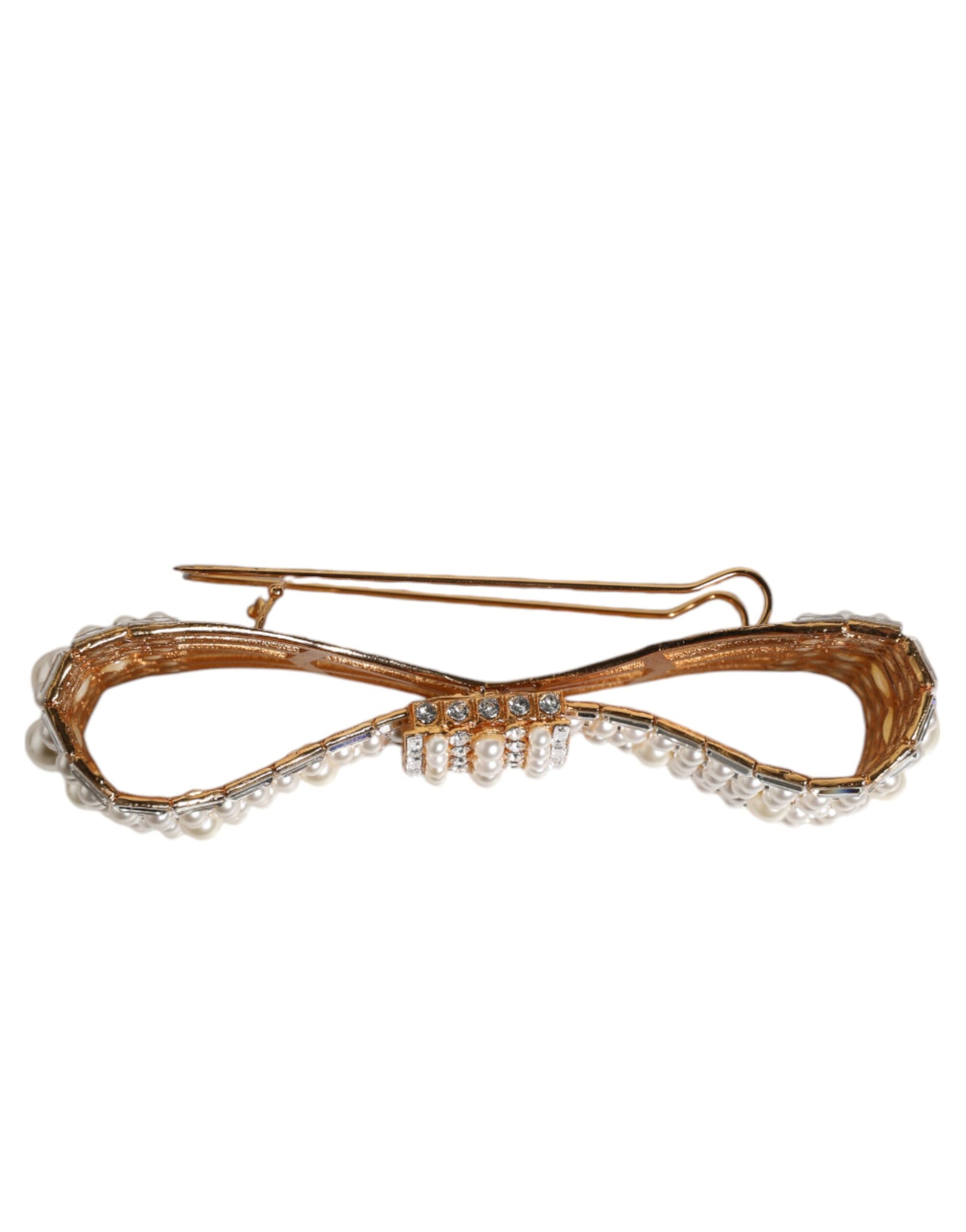 Dolce & Gabbana Gold Tone Brass Bow Crystal FauxPearl Embellished Brooch Curated Luxury Accessories by Orvyn