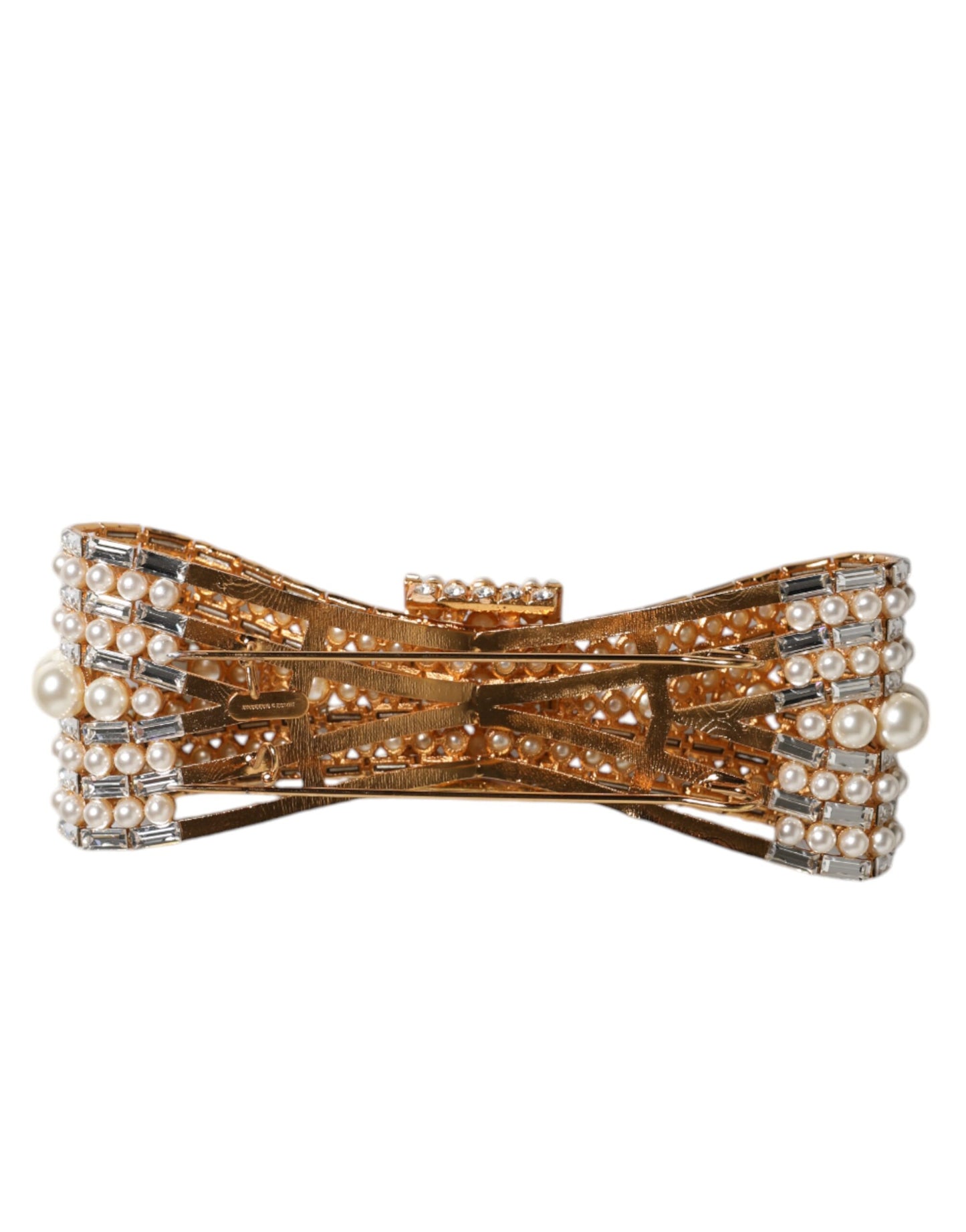Dolce & Gabbana Gold Tone Brass Bow Crystal FauxPearl Embellished Brooch Curated Luxury Accessories by Orvyn
