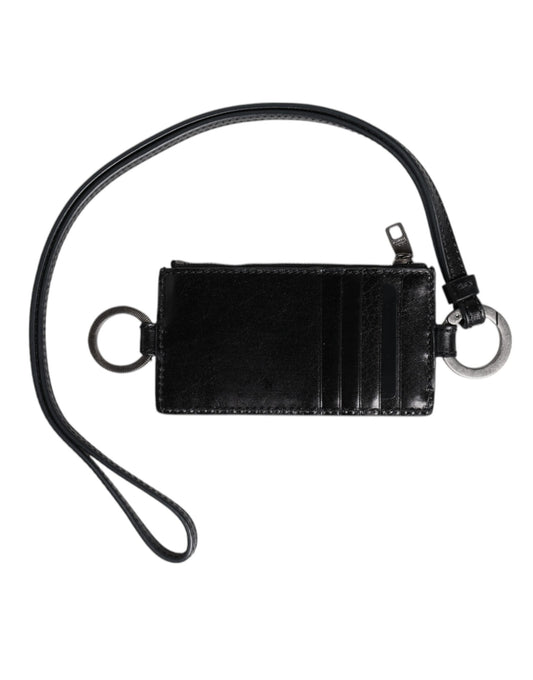 Dolce & Gabbana Black Leather Logo Embossed Lanyard Card Holder Wallet Curated Luxury Accessories by Orvyn