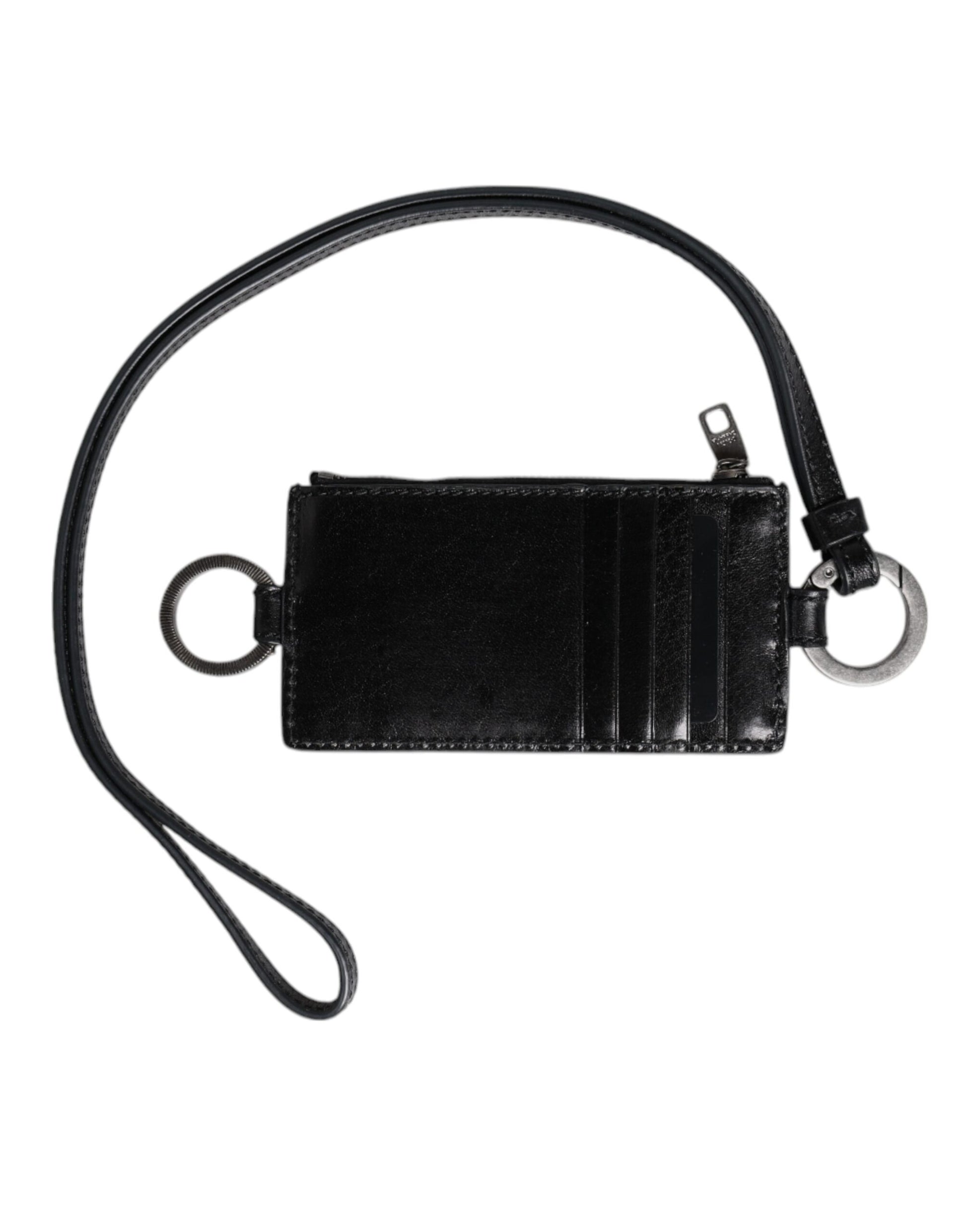 Dolce & Gabbana Black Leather Logo Embossed Lanyard Card Holder Wallet Curated Luxury Accessories by Orvyn
