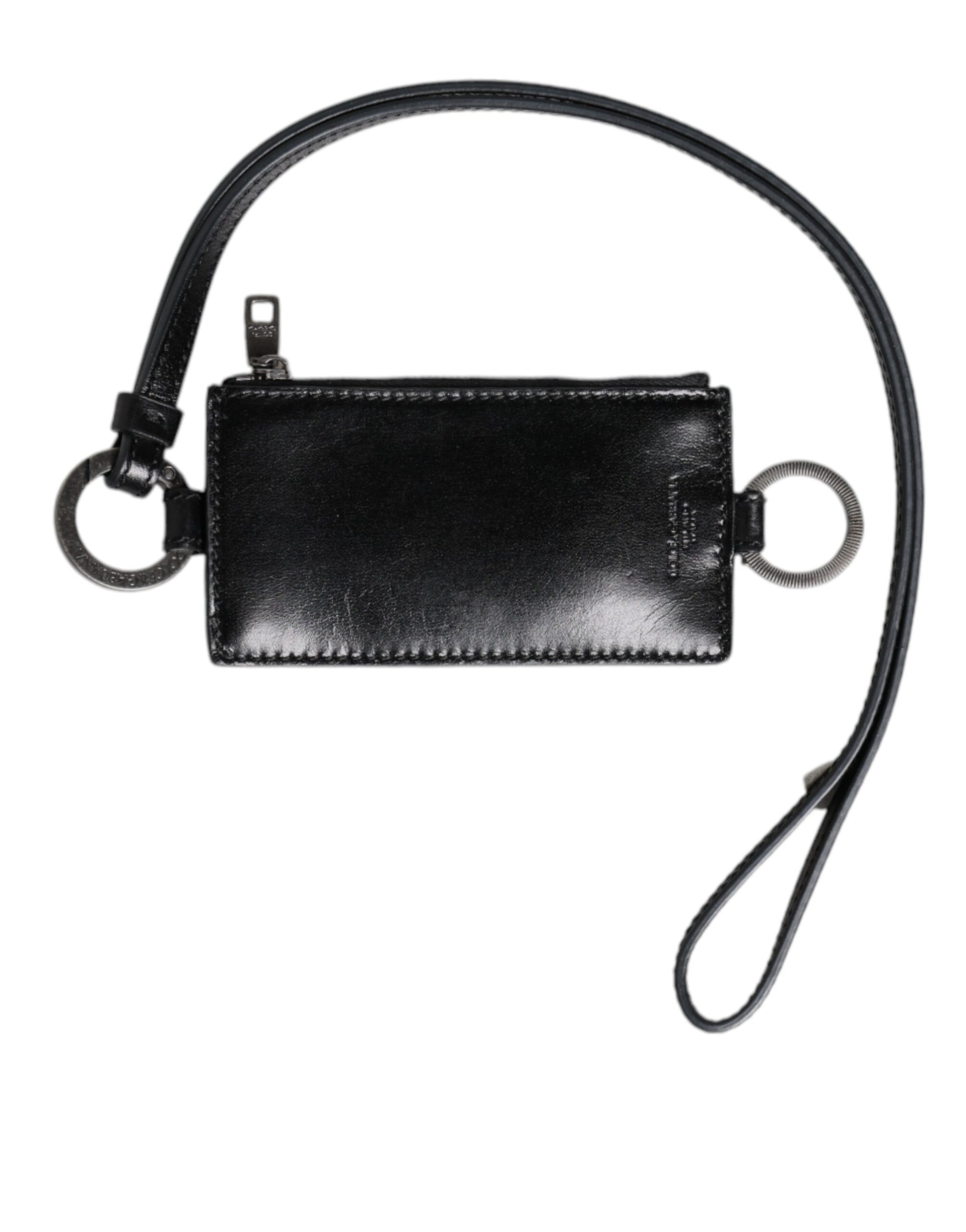 Dolce & Gabbana Black Leather Logo Embossed Lanyard Card Holder Wallet Curated Luxury Accessories by Orvyn