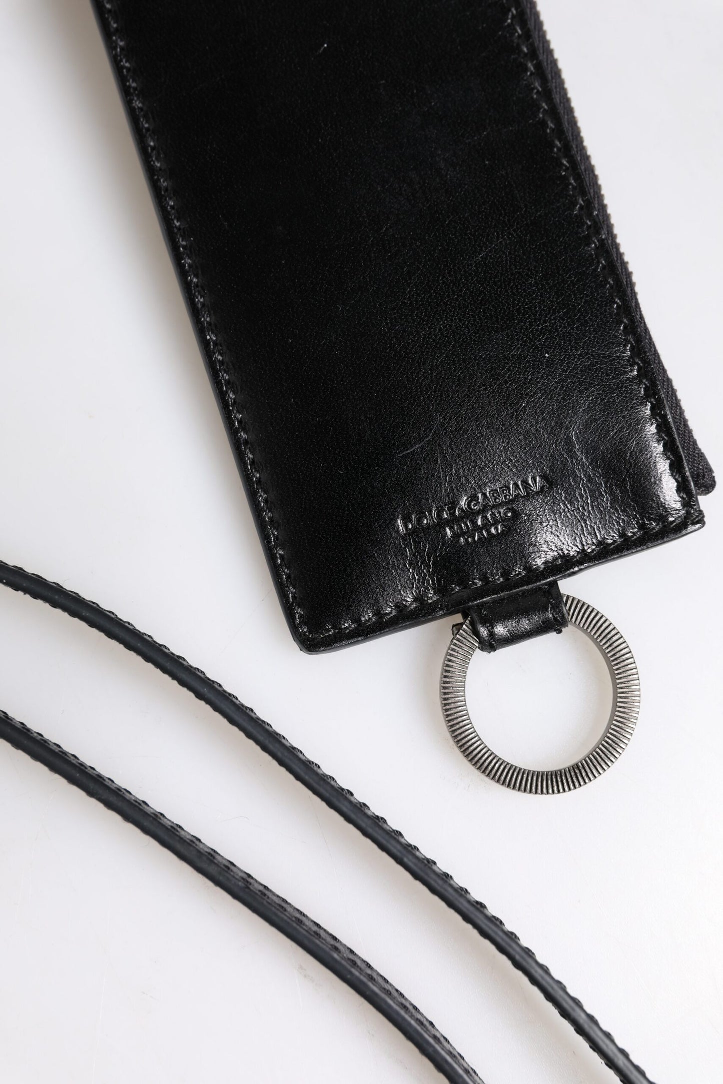 Dolce & Gabbana Black Leather Logo Embossed Lanyard Card Holder Wallet Curated Luxury Accessories by Orvyn