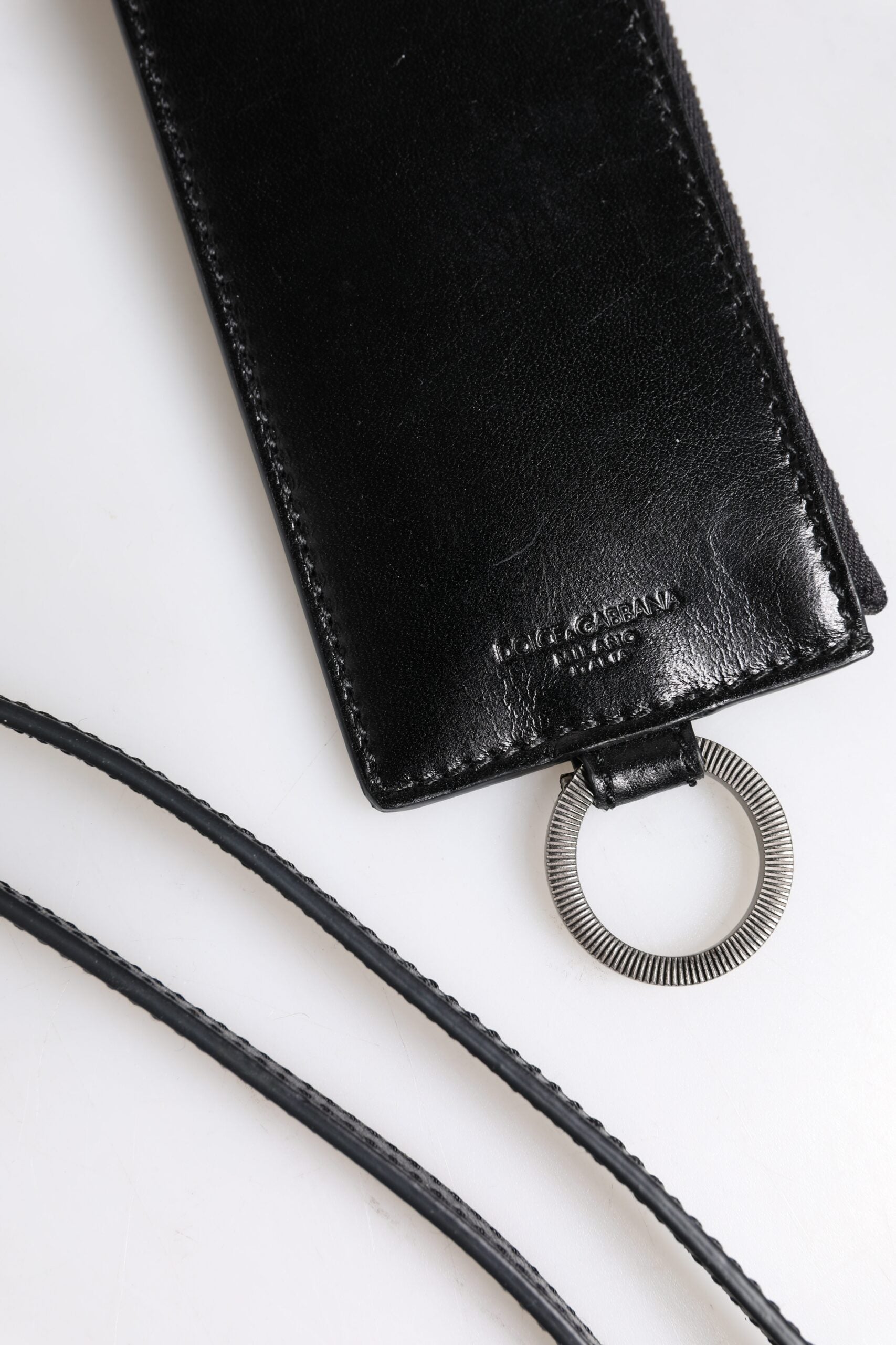 Dolce & Gabbana Black Leather Logo Embossed Lanyard Card Holder Wallet Curated Luxury Accessories by Orvyn