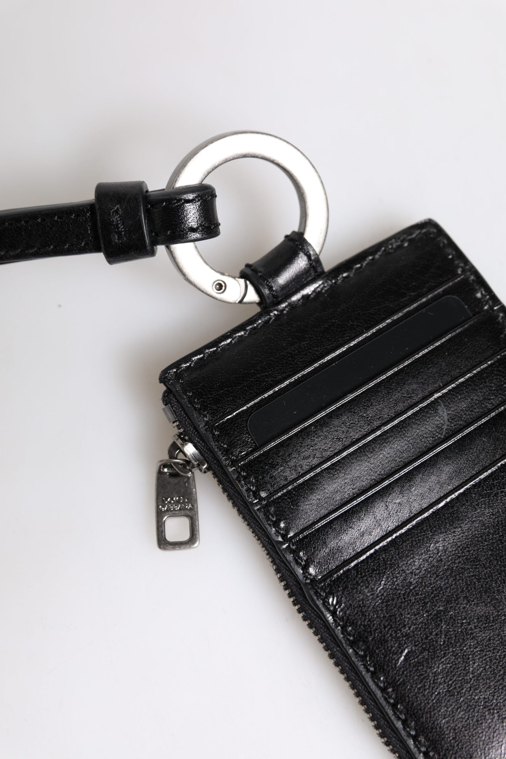 Dolce & Gabbana Black Leather Logo Embossed Lanyard Card Holder Wallet Curated Luxury Accessories by Orvyn