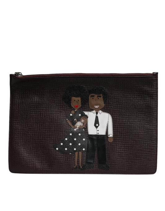 Dolce & Gabbana Brown Leather #DGFAMILY Embellished Men Clutch Pouch Bag Curated Luxury Accessories by Orvyn