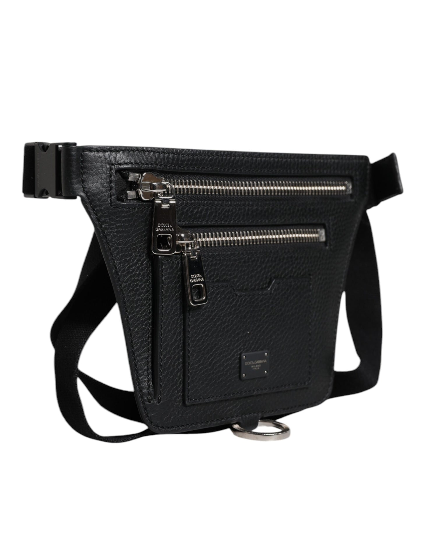Dolce & Gabbana Black Calfskin Logo Plaque Belt Waist Men Fanny Pack Bag schwarz