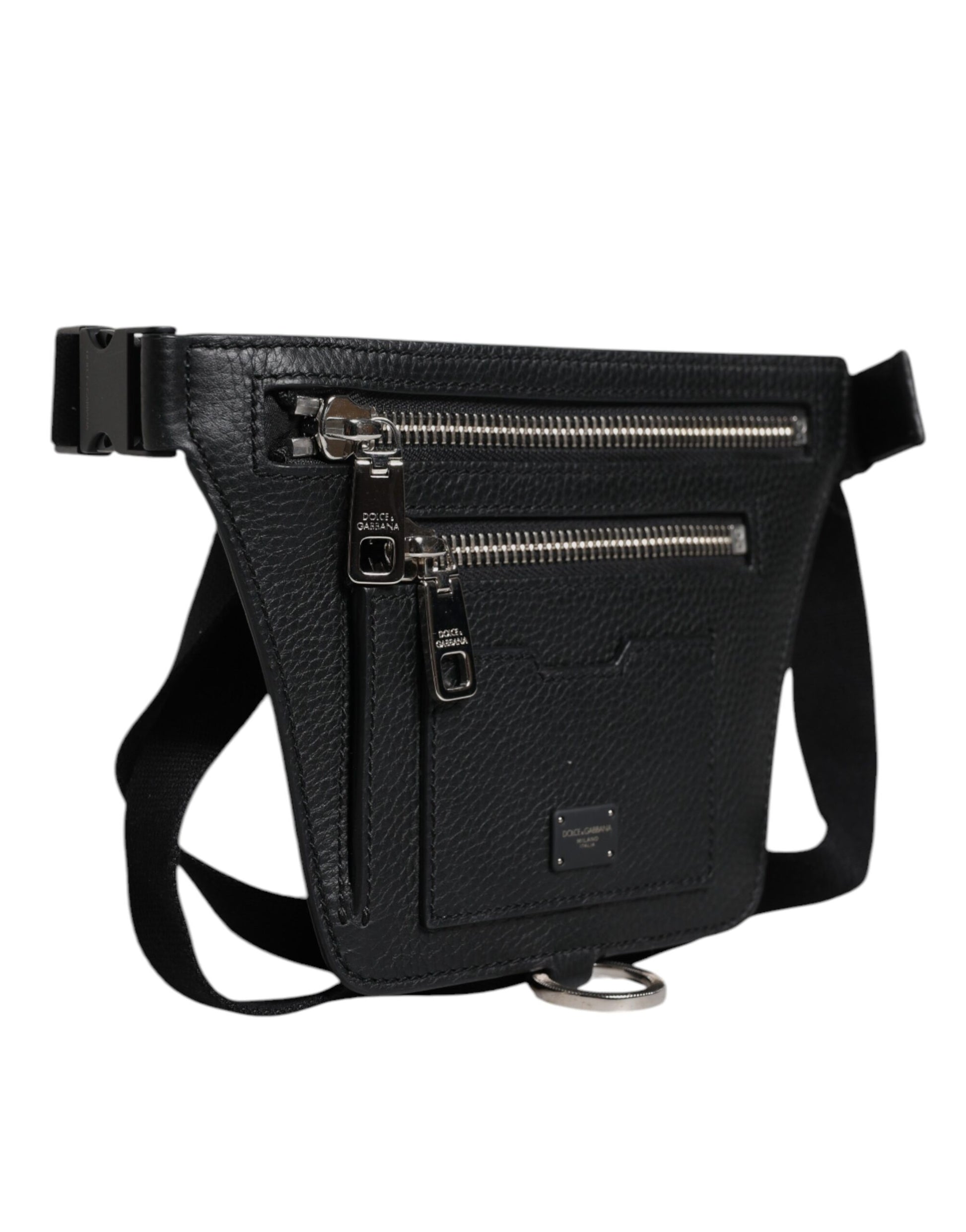 Dolce & Gabbana Black Calfskin Logo Plaque Belt Waist Men Fanny Pack Bag schwarz