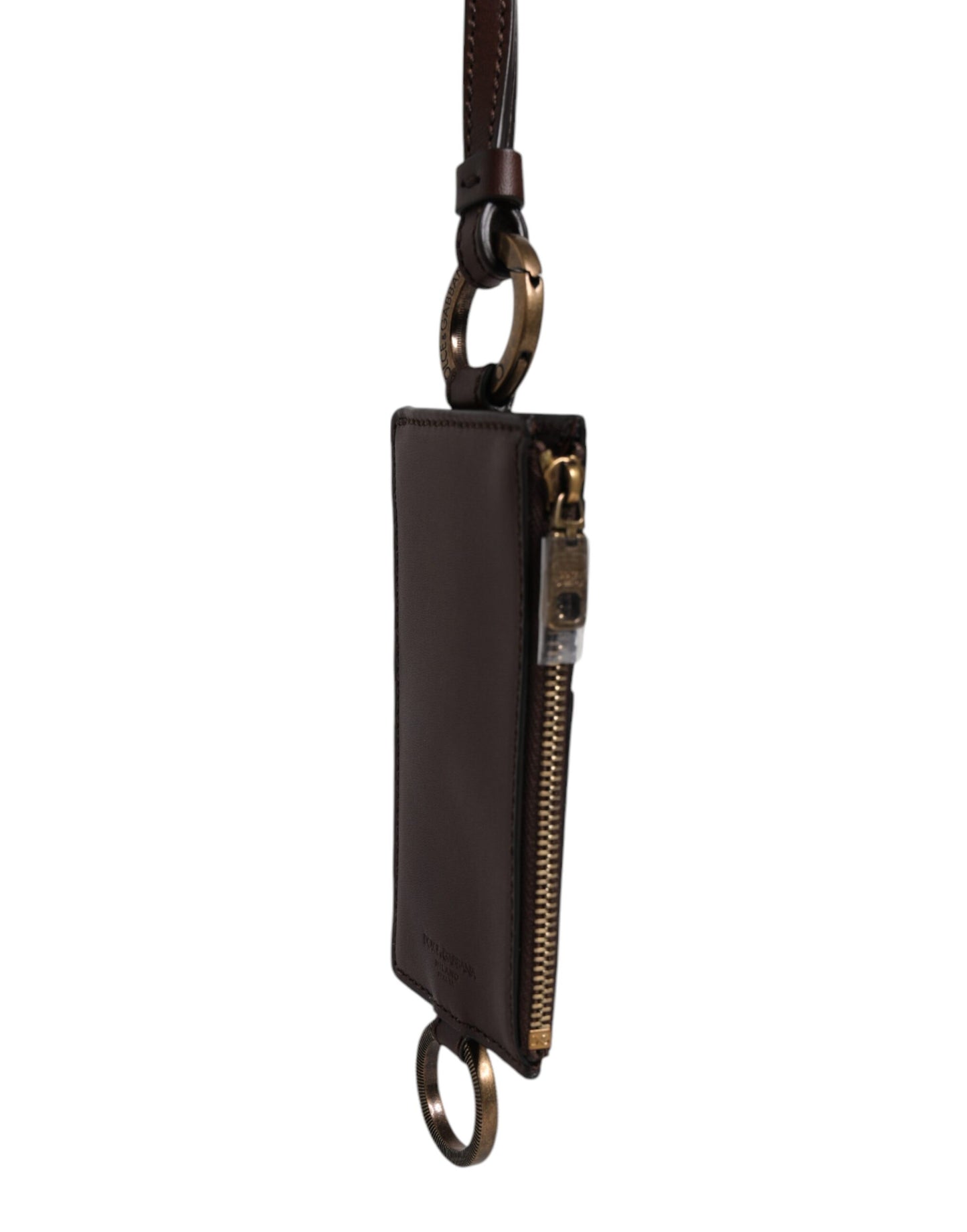 Dolce & Gabbana Brown Calf Leather Lanyard Logo Card Holder Wallet Curated Luxury Accessories by Orvyn
