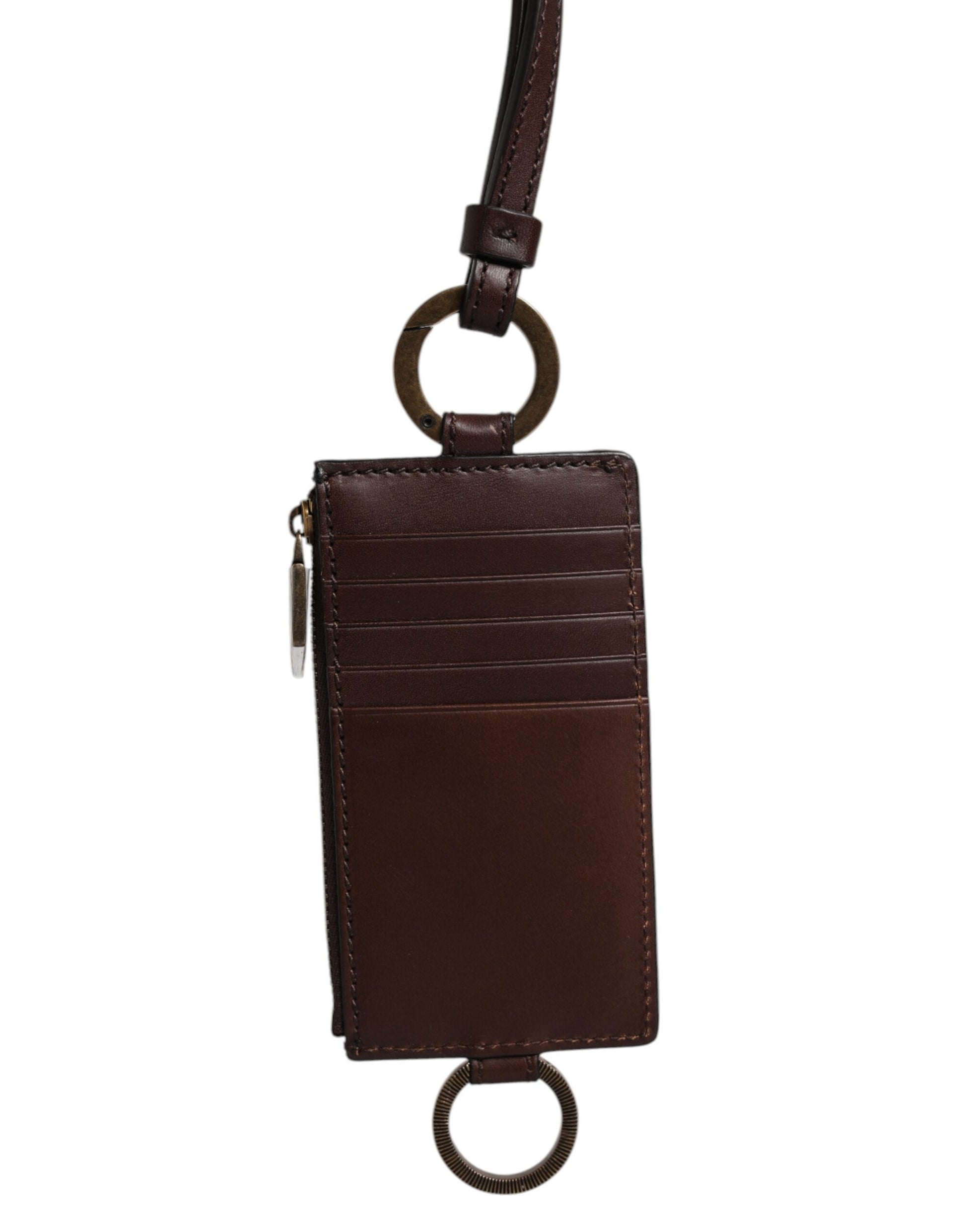 Dolce & Gabbana Brown Calf Leather Lanyard Logo Card Holder Wallet Curated Luxury Accessories by Orvyn