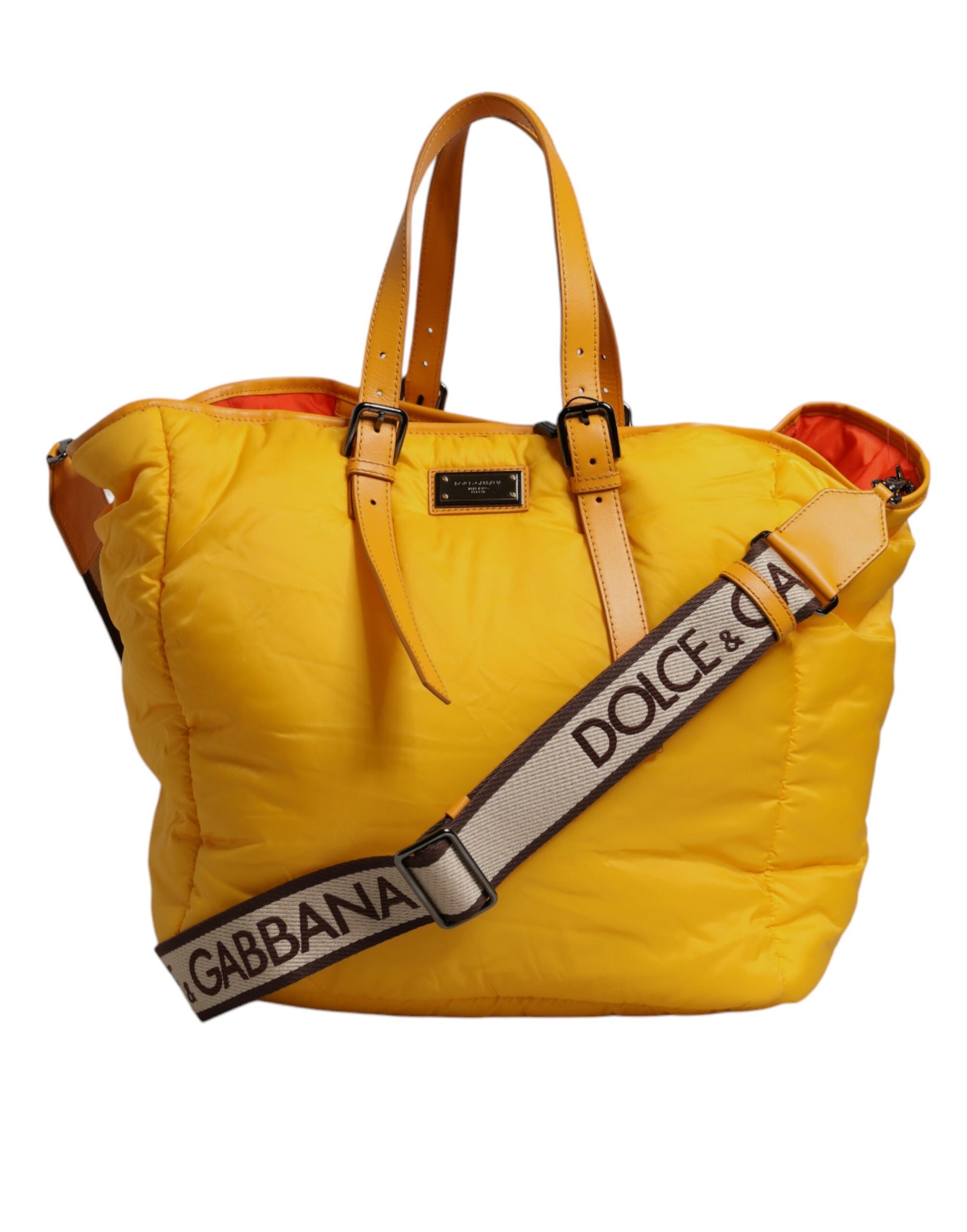 Dolce & Gabbana Yellow Orange Nylon Logo Plaque Hand Shoulder Duffle Bag Curated Luxury Accessories by Orvyn