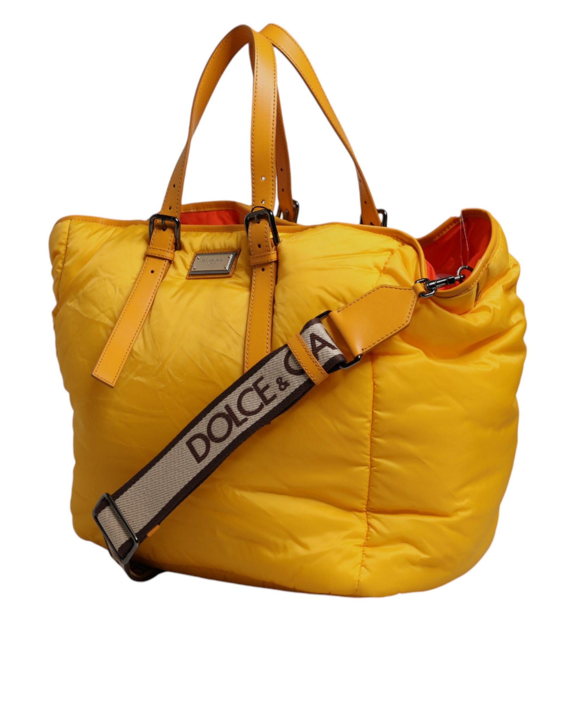 Dolce & Gabbana Yellow Orange Nylon Logo Plaque Hand Shoulder Duffle Bag Curated Luxury Accessories by Orvyn
