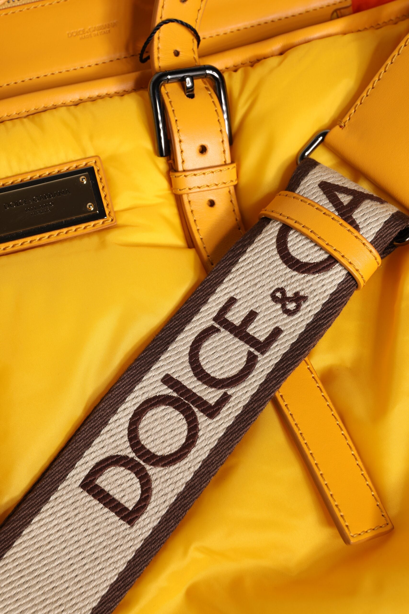 Dolce & Gabbana Yellow Orange Nylon Logo Plaque Hand Shoulder Duffle Bag Curated Luxury Accessories by Orvyn