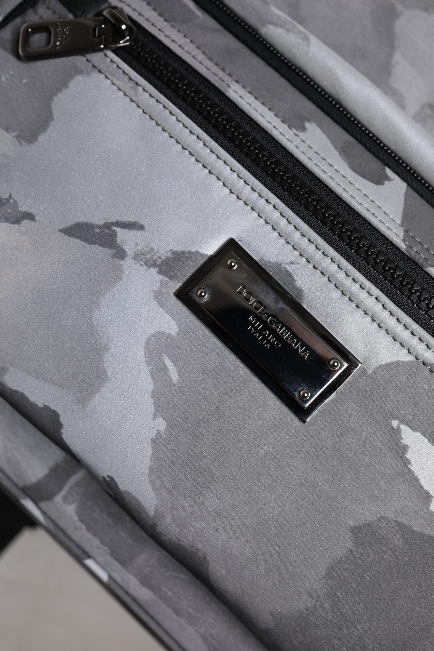 Dolce & Gabbana Gray Cotton Camouflage Logo Plaque Backpack Bag Curated Luxury Accessories by Orvyn
