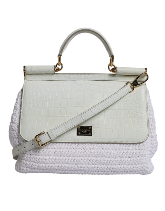 Dolce & Gabbana White Rafia Leather Top Handle Crossbody Bag Curated Luxury Accessories by Orvyn