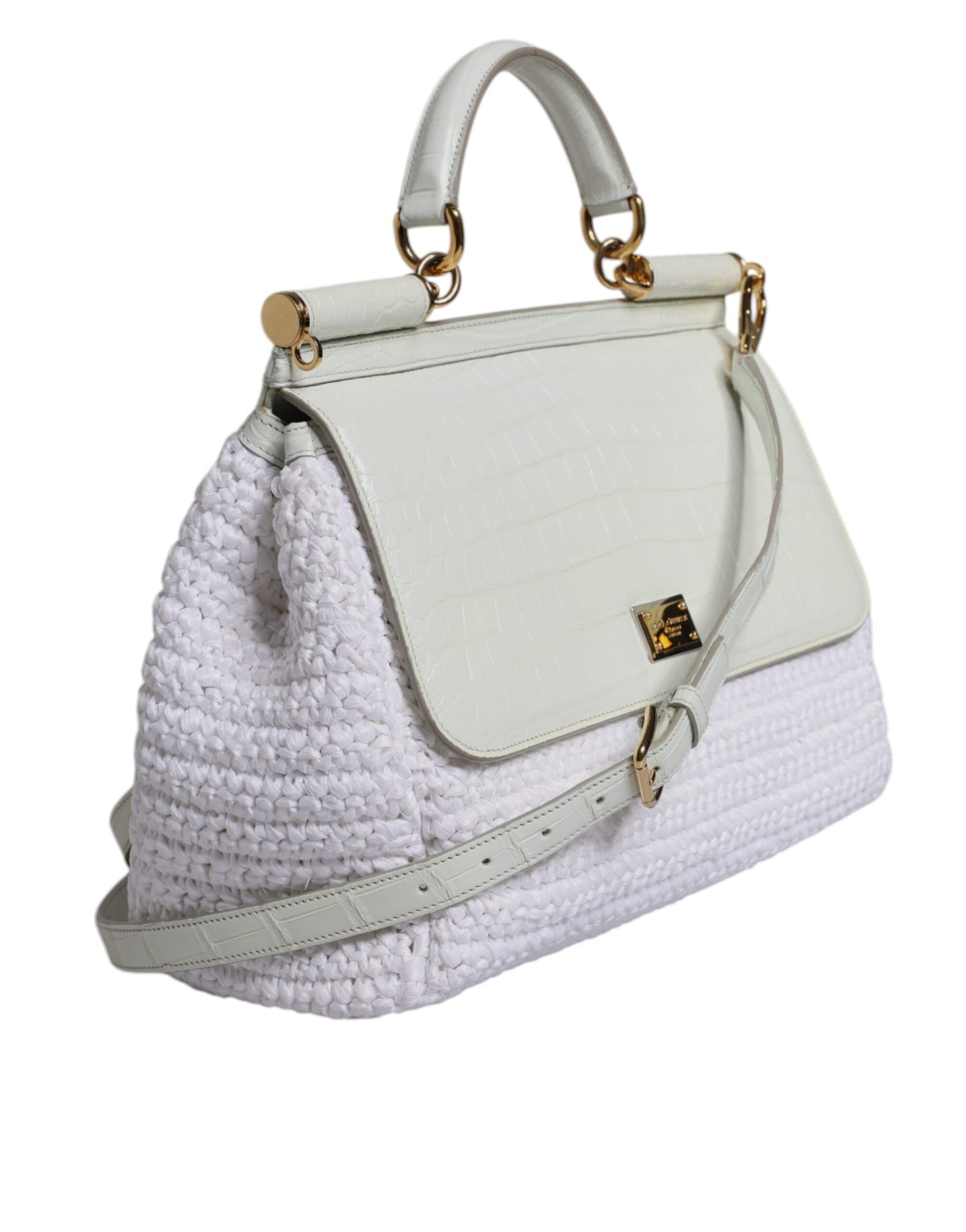 Dolce & Gabbana White Rafia Leather Top Handle Crossbody Bag Curated Luxury Accessories by Orvyn