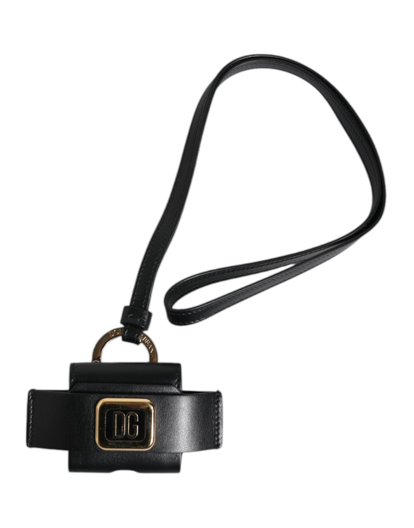 Dolce & Gabbana Black Leather Strap Gold Metal Logo Plaque Airpods Case schwarz