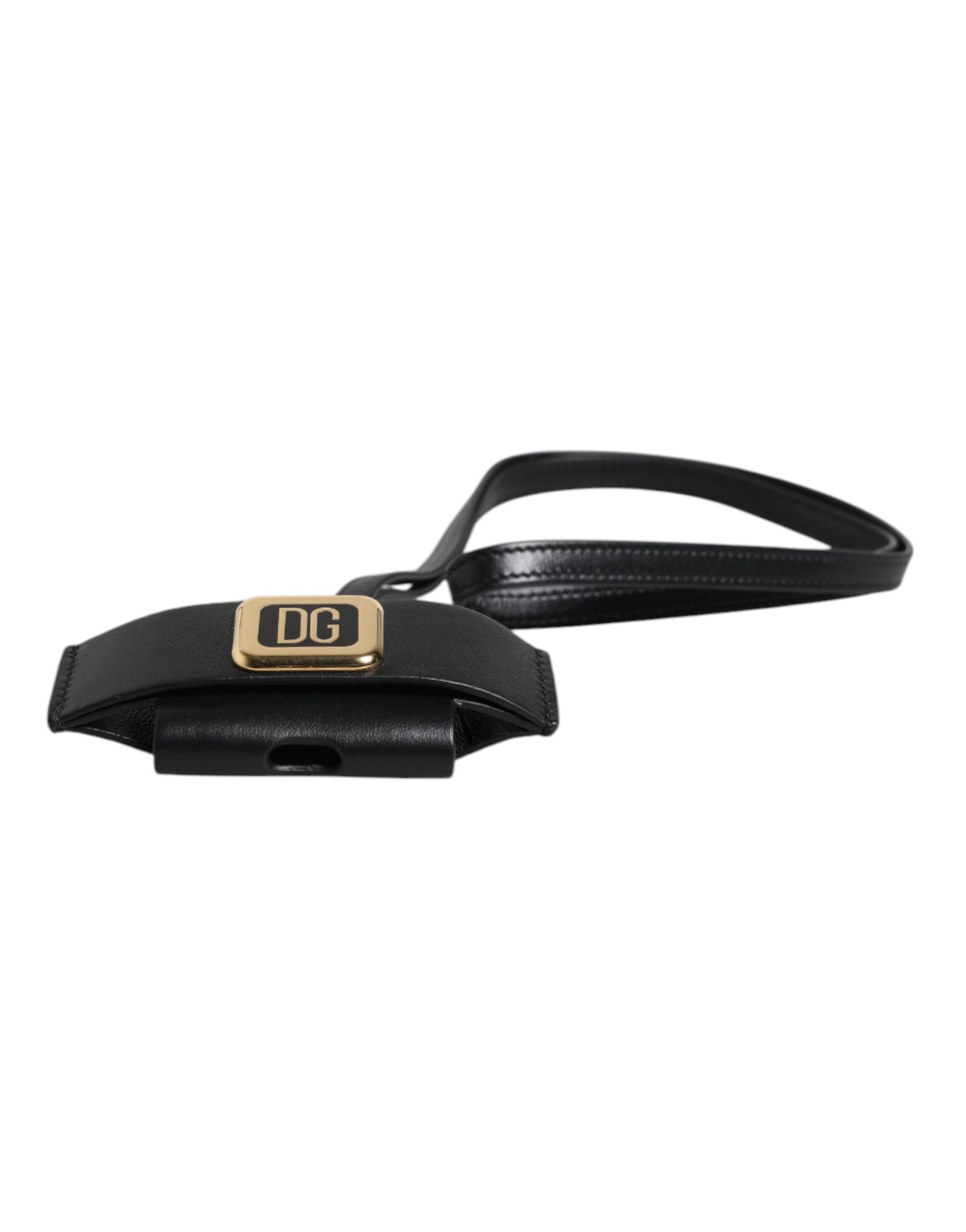 Dolce & Gabbana Black Leather Strap Gold Metal Logo Plaque Airpods Case schwarz