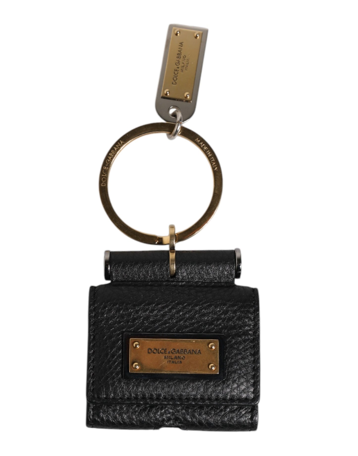 Dolce & Gabbana Black Leather Strap Gold Metal Logo Plaque Airpods Case Curated Luxury Accessories by Orvyn