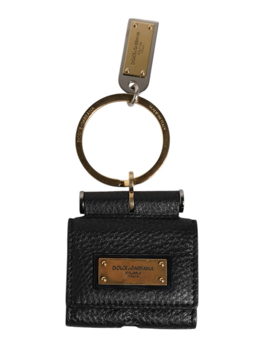 Dolce & Gabbana Black Leather Strap Gold Metal Logo Plaque Airpods Case Curated Luxury Accessories by Orvyn