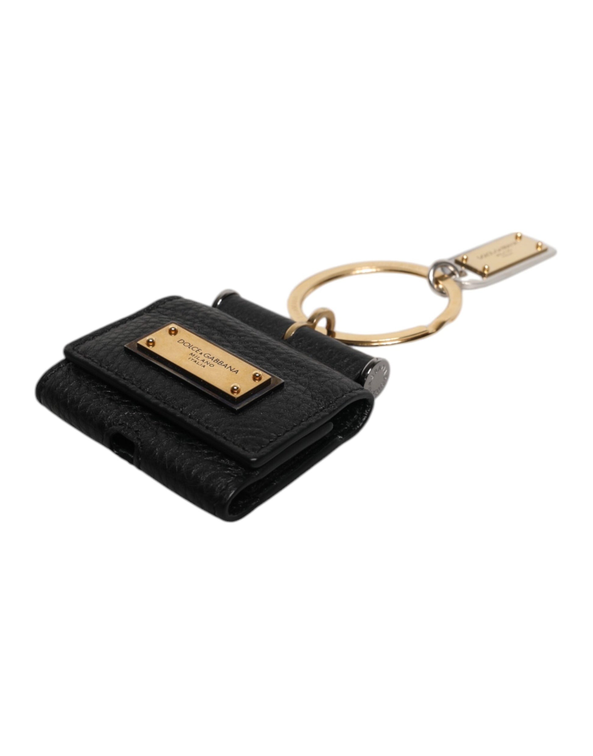 Dolce & Gabbana Black Leather Strap Gold Metal Logo Plaque Airpods Case Curated Luxury Accessories by Orvyn