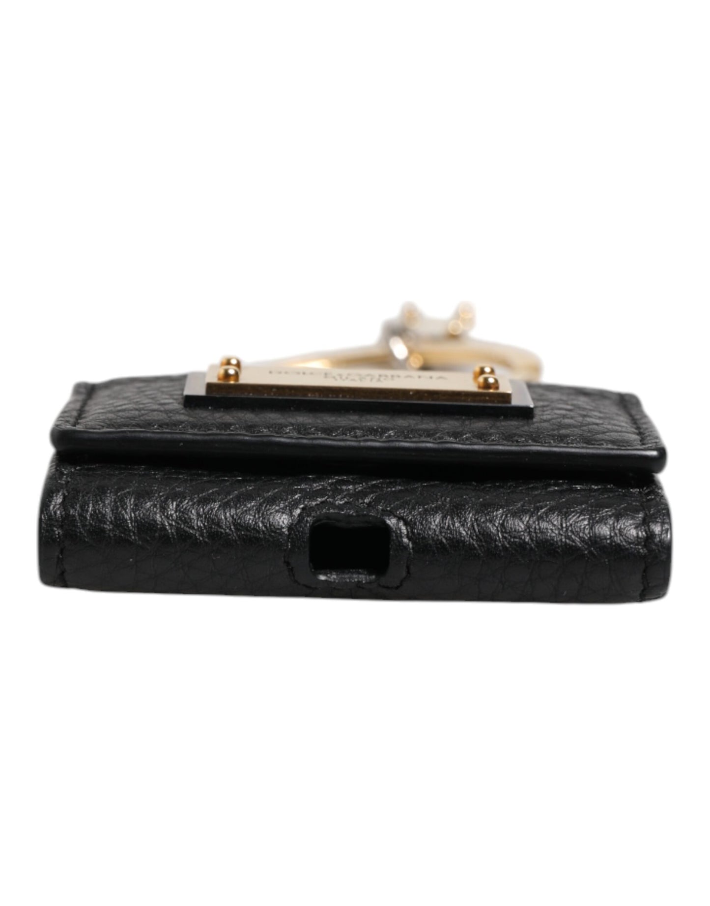 Dolce & Gabbana Black Leather Strap Gold Metal Logo Plaque Airpods Case Curated Luxury Accessories by Orvyn