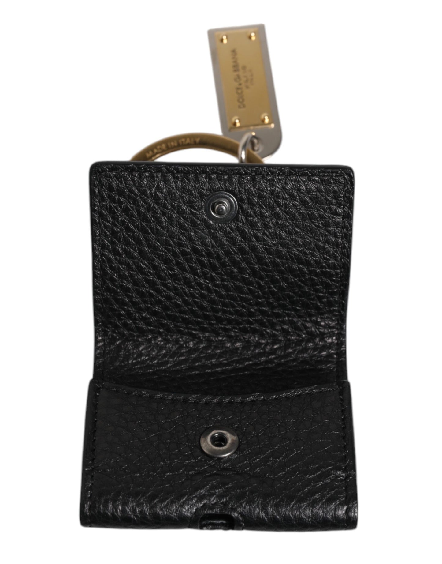 Dolce & Gabbana Black Leather Strap Gold Metal Logo Plaque Airpods Case Curated Luxury Accessories by Orvyn