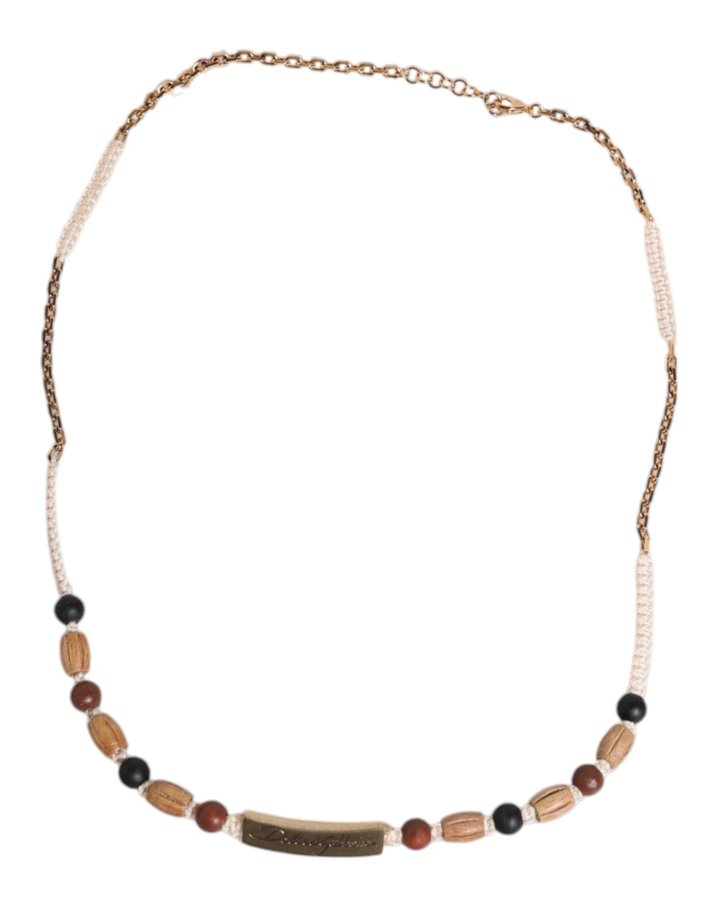Dolce & Gabbana Black Gold Wooden Beaded Logo Pendant Necklace schwarz