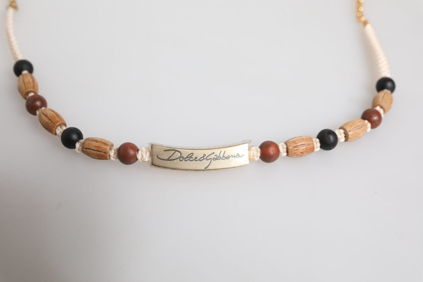 Dolce & Gabbana Black Gold Wooden Beaded Logo Pendant Necklace schwarz