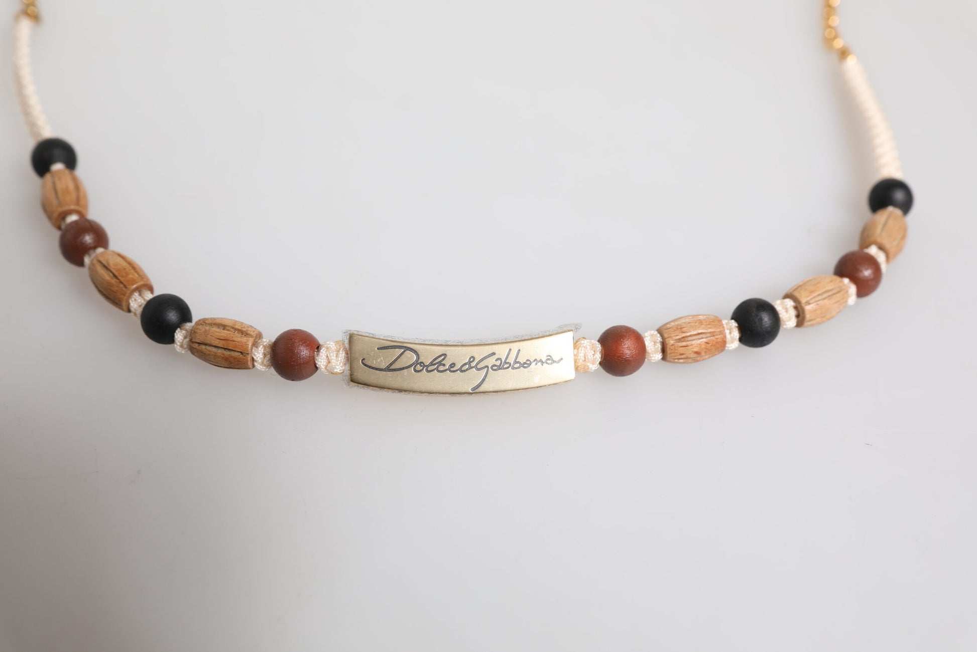 Dolce & Gabbana Black Gold Wooden Beaded Logo Pendant Necklace schwarz
