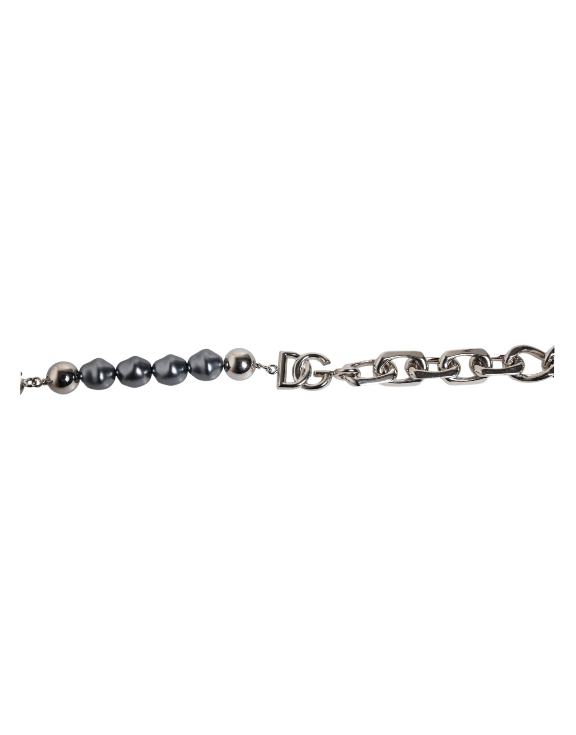 Dolce & Gabbana Silver Tone Chain Lobster Clasp Logo Gray Pearls Bracelet grau