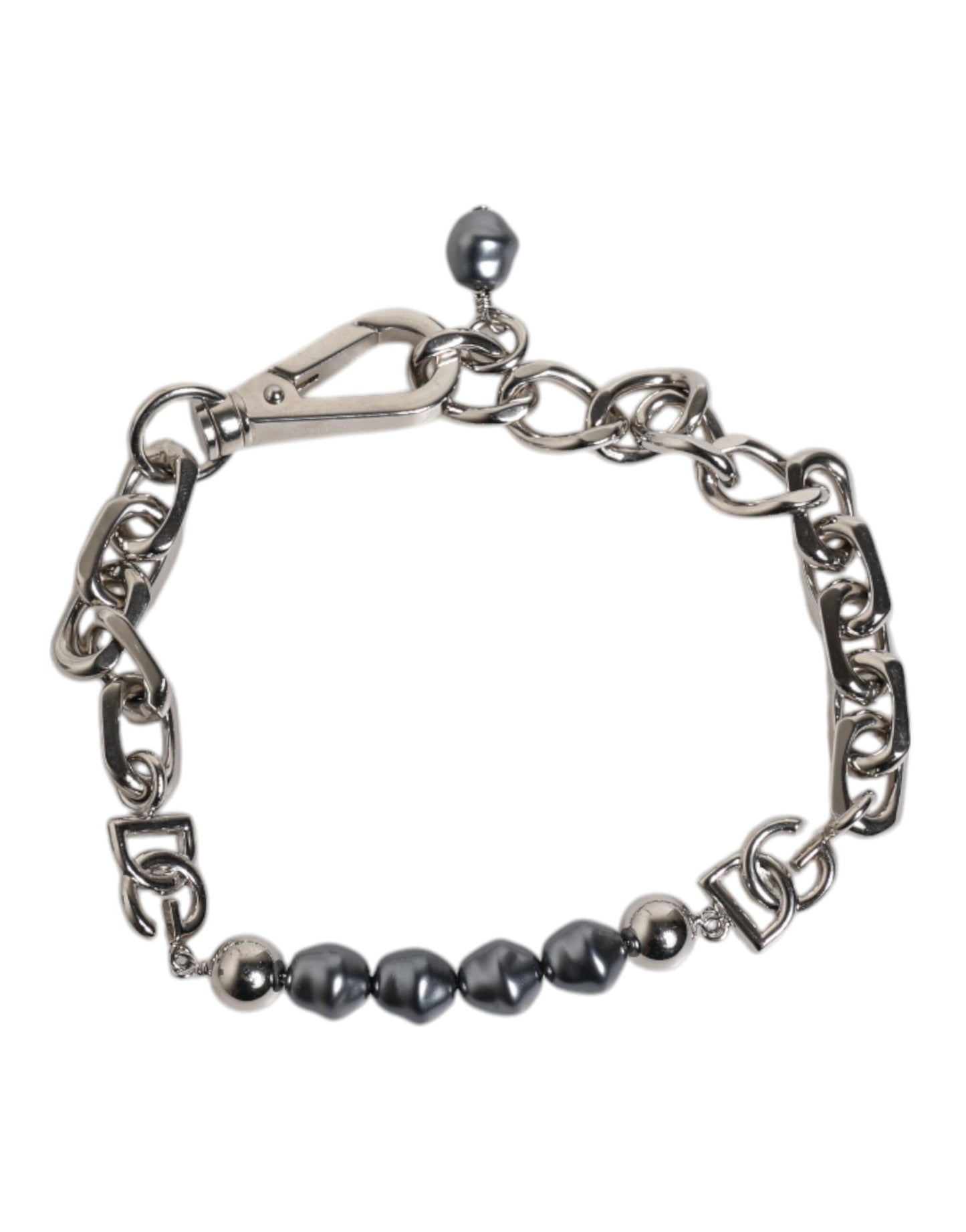 Dolce & Gabbana Silver Tone Chain Lobster Clasp Logo Gray Pearls Bracelet grau