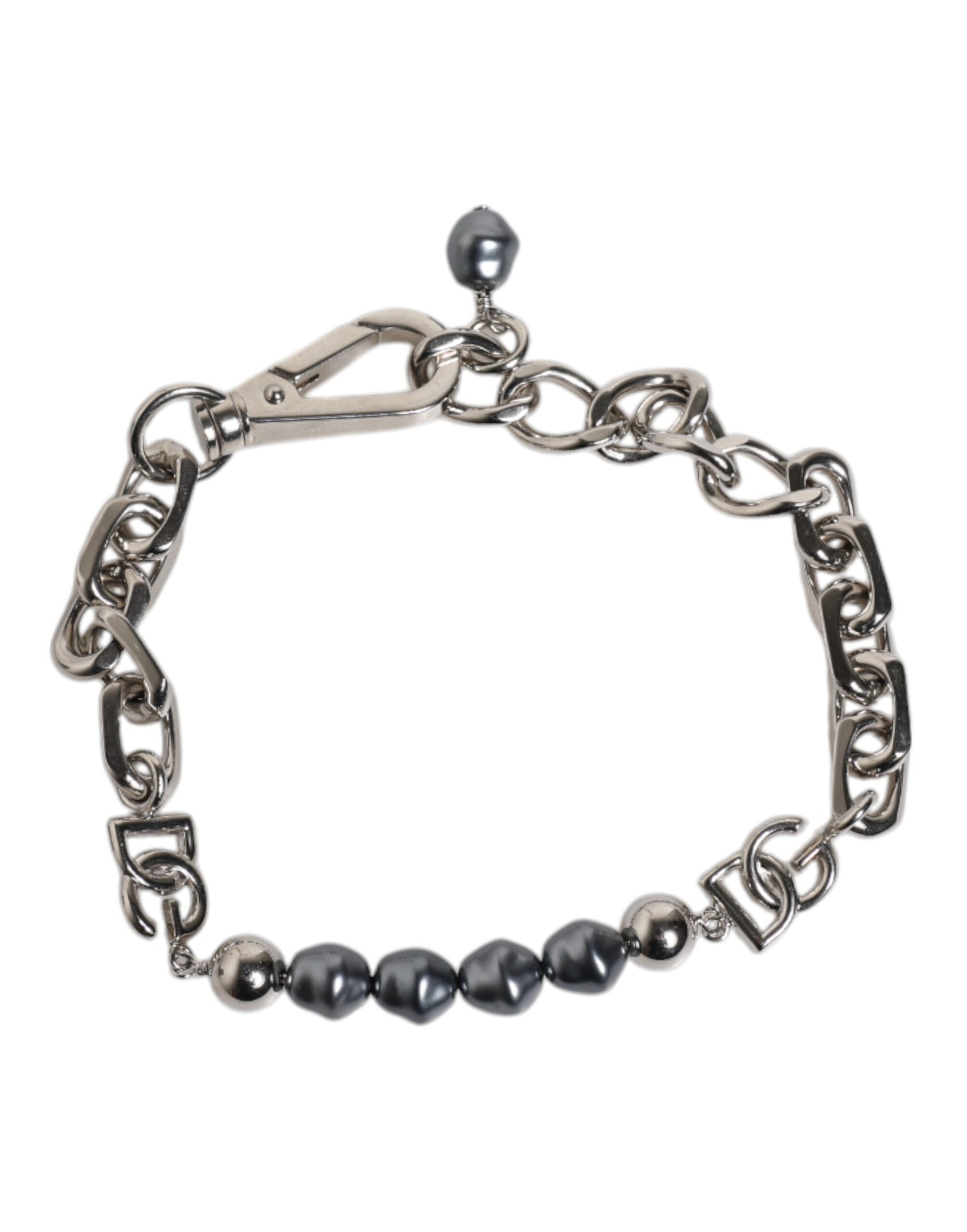 Dolce & Gabbana Silver Tone Chain Lobster Clasp Logo Gray Pearls Bracelet grau