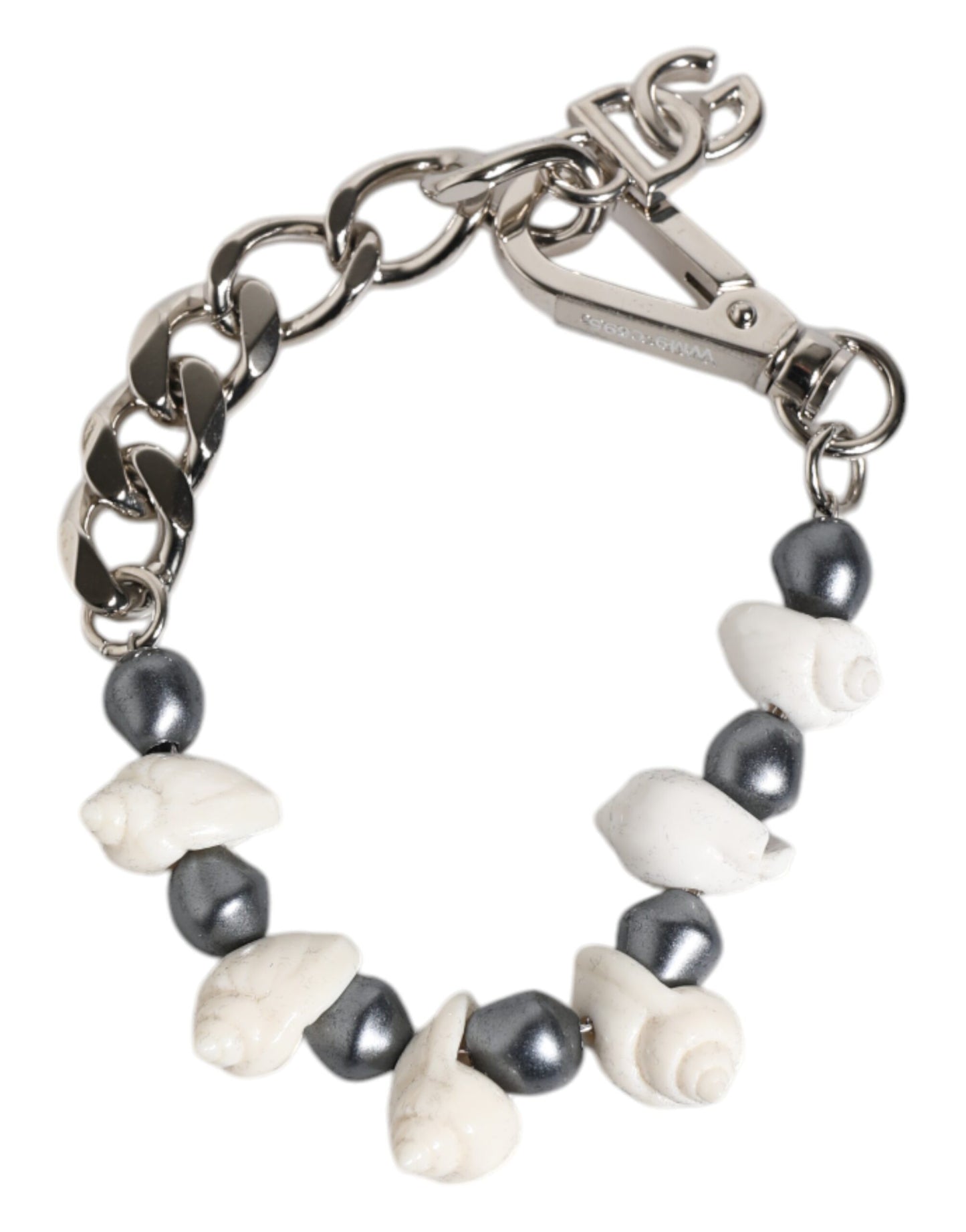 Dolce & Gabbana Silver Tone Brass Beaded Shell DG Logo Pendant Bracelet Curated Luxury Accessories by Orvyn