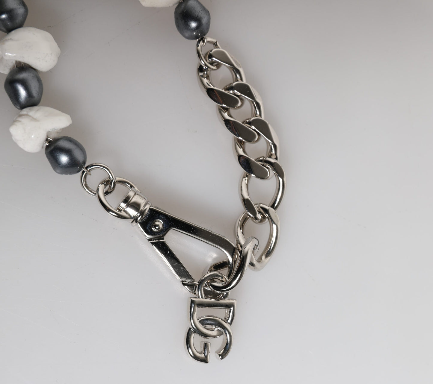 Dolce & Gabbana Silver Tone Brass Beaded Shell DG Logo Pendant Bracelet Curated Luxury Accessories by Orvyn