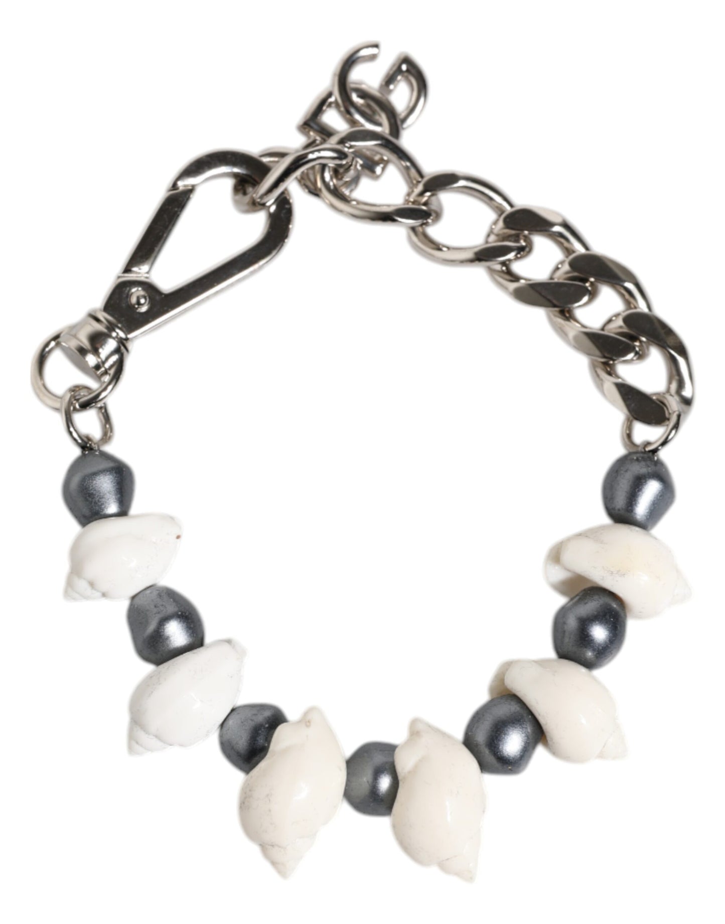 Dolce & Gabbana Silver Tone Brass Beaded Shell DG Logo Pendant Bracelet Curated Luxury Accessories by Orvyn